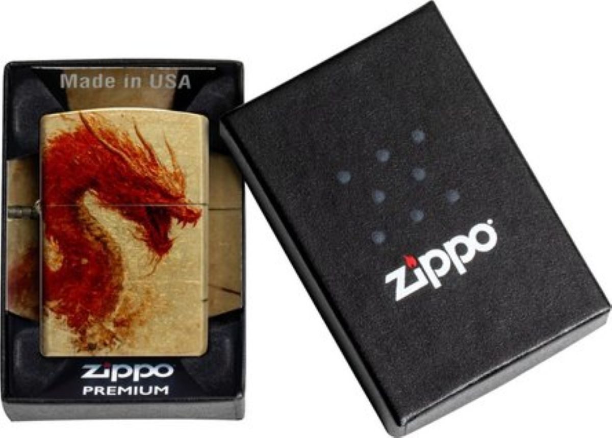 Zippo Feuerzeug Tumbled Brass color 540° Samurai/Dragon Drache gold rot, Zippo das Original mit dem " Klick "