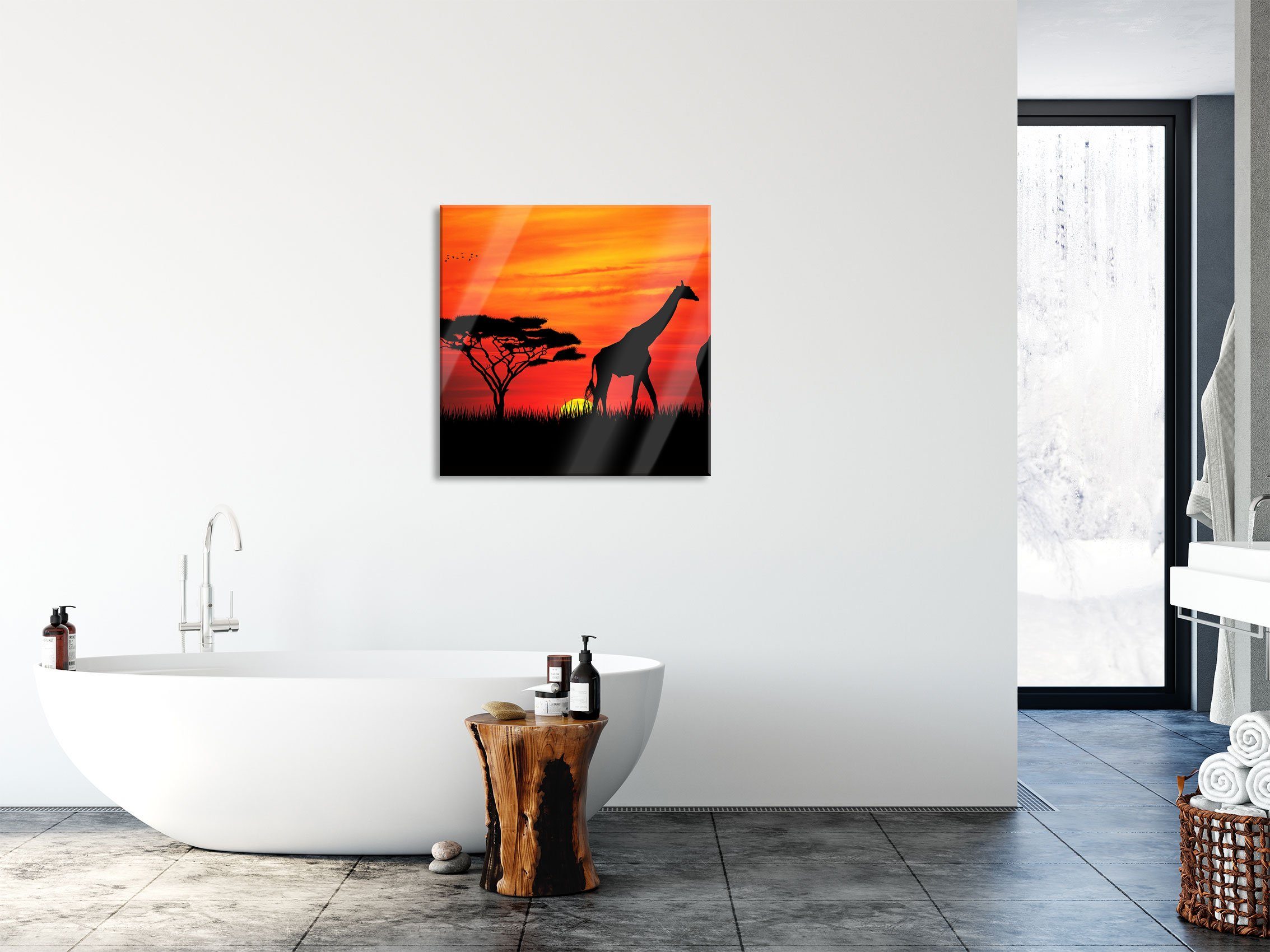 Pixxprint Glasbild Afrika Giraffen im (1 Sonnenuntergang, inkl. Abstandshalter aus Aufhängungen und Echtglas, Afrika St), Sonnenuntergang Glasbild Giraffen im