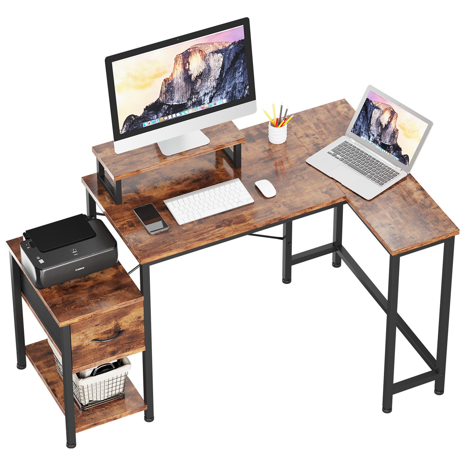 AODK L-förmiger Gaming-Schreibtisch - Eckschreibtisch Mit Monitor-Ständer, 129,5 X 48,3 Cm, Stabil & Platzsparend