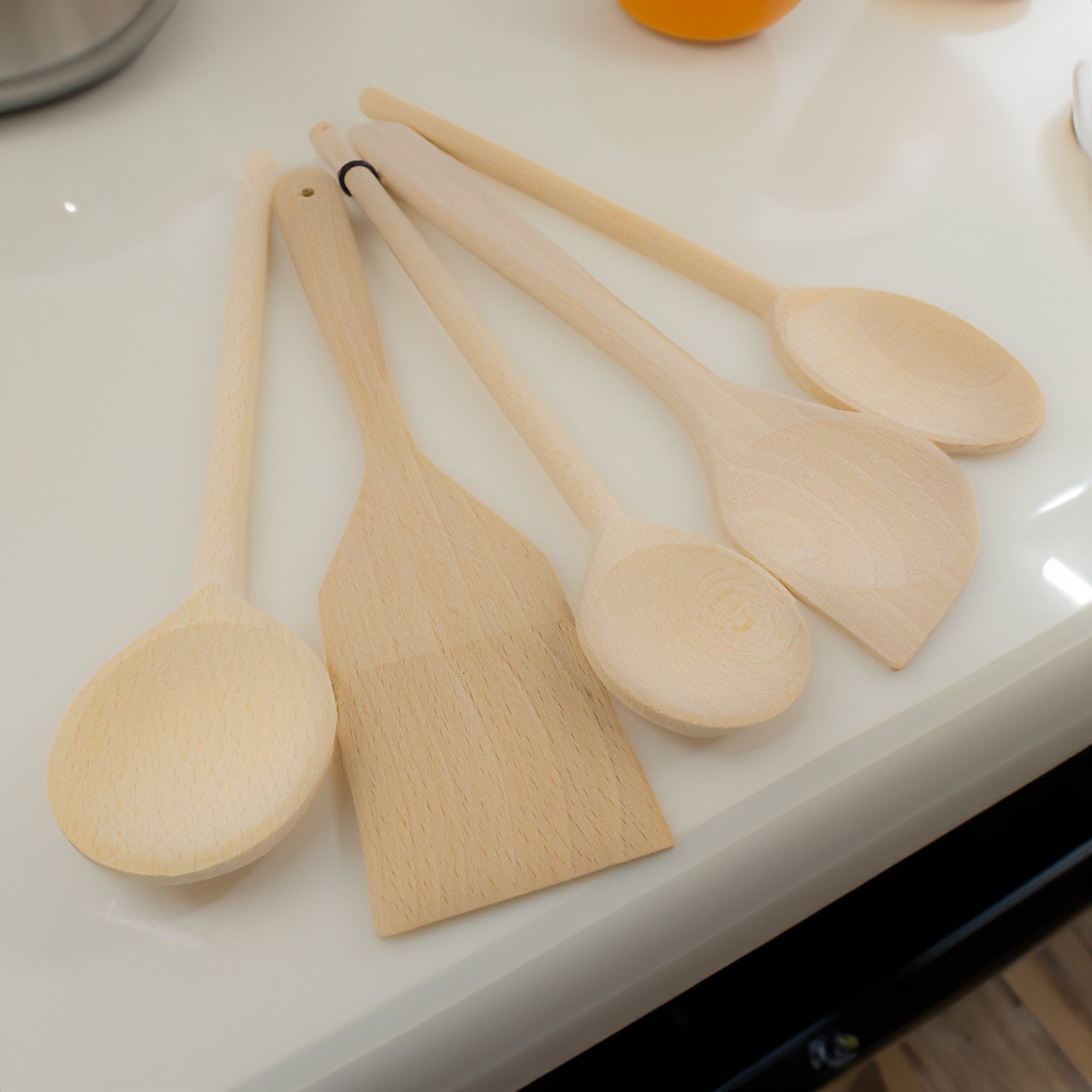 SOHFA Kochlöffel 5x Küchenutensilien aus Buchenholz, Pfannenwender Kochlöffel, pflegeleicht, lebensmittelecht, antibakterielle Wirkung