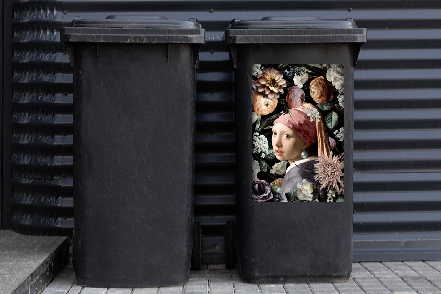 - MuchoWow Mädchen - Pastell Vermeer Mülleimer-aufkleber, - Container, (1 Abfalbehälter mit - Mülltonne, Blumen Sticker, Perlenohrring St), Wandsticker Kunstwerk -
