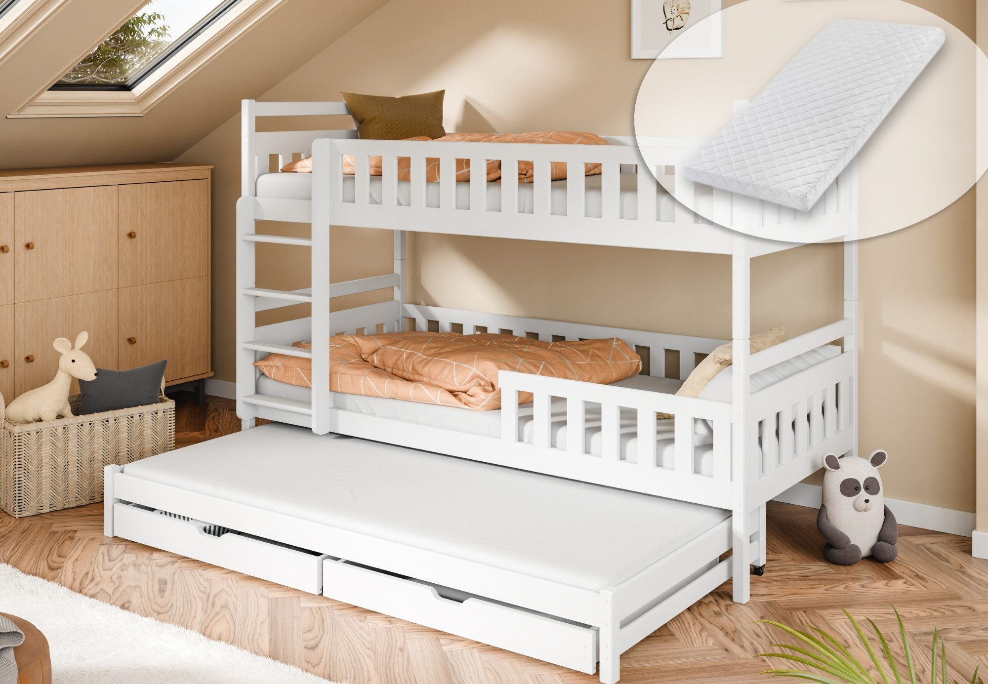 Kids Collective Etagenbett Hochbett Stockbett Kinderbett 90x200 cm mit Ausziehbett und Schubladen (Umbaubar zu 3 Einzelbetten), mit drei Matratzen Lattenrosten & Rausfallschutz weiß