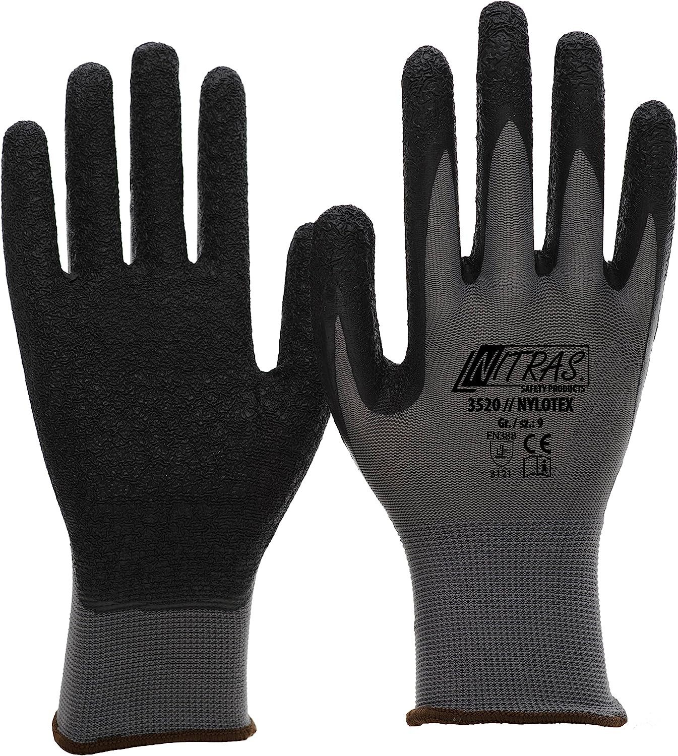 Nitras Arbeitshandschuhe 3520 Nylotex Nylon Latexhandschuhe Arbeitshandschuhe Latex (Packung, VPE= 12 Paar, Gr 7-12) Atmungsaktiv/ extrem Grip