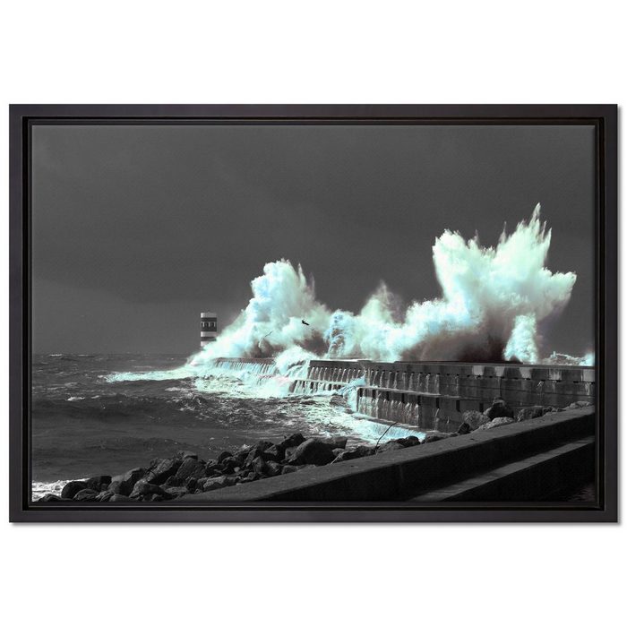 Pixxprint Leinwandbild unruhiges Meer und hohe Wellen Wanddekoration (1 St) Leinwandbild fertig bespannt in einem Schattenfugen-Bilderrahmen gefasst inkl. Zackenaufhänger