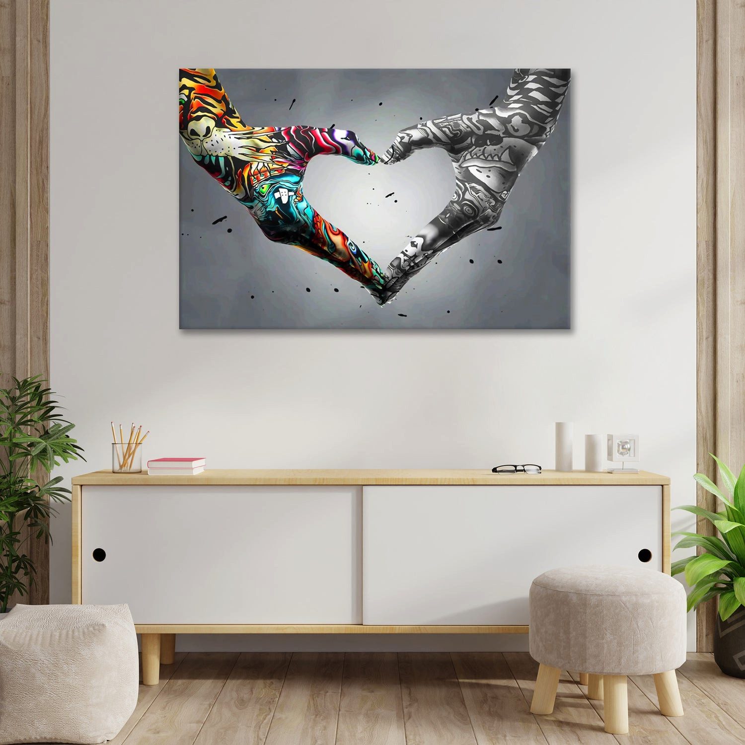 Artedinoi Leinwandbild Herz aus Händen Graffiti Pop Art Leinwandbild Wandbild XL Deko, Herz aus Händen