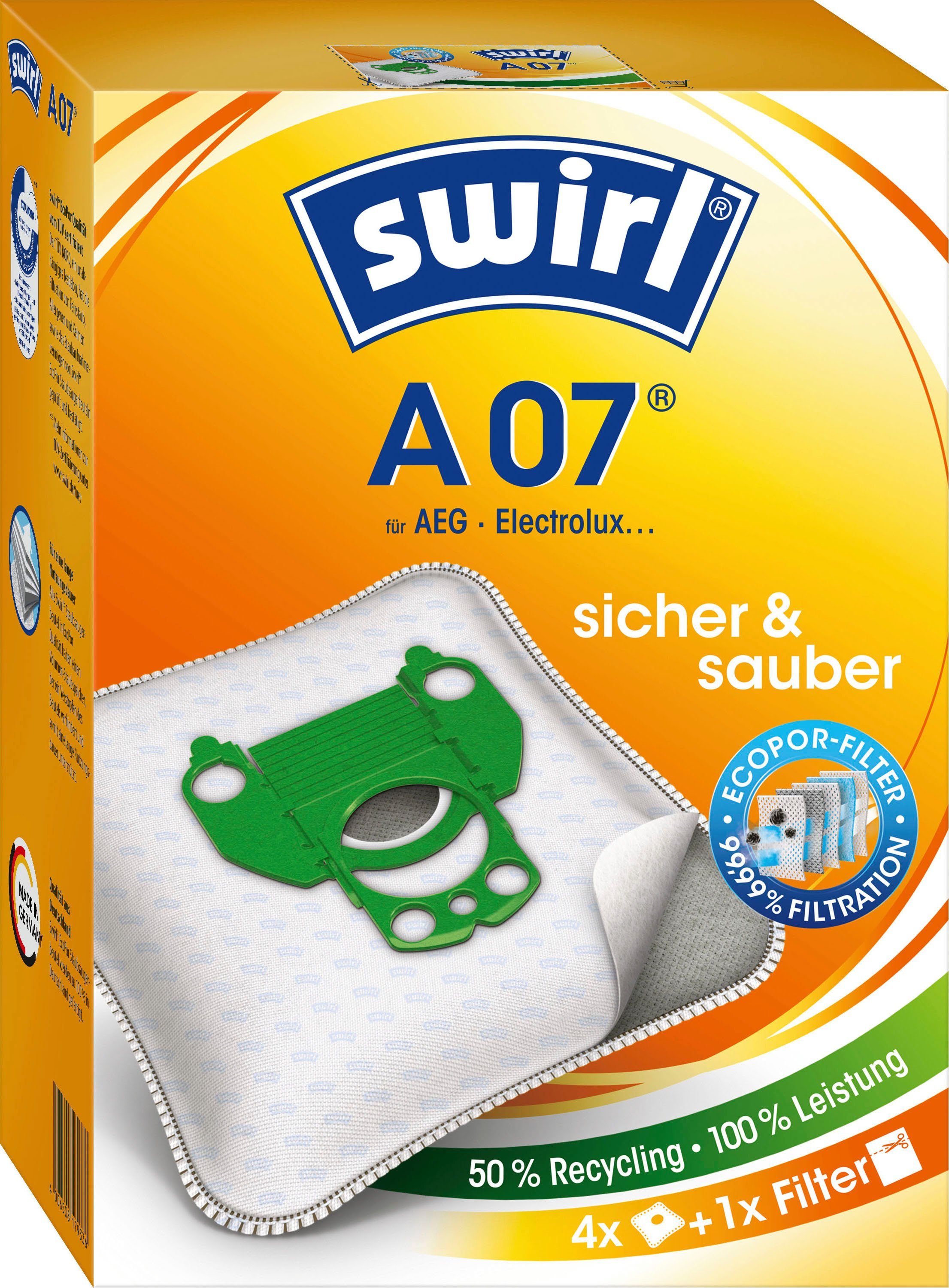 Swirl Staubsaugerbeutel A 07 für AEG, passend für AEG, Electrolux, Progress, 4er- Pack