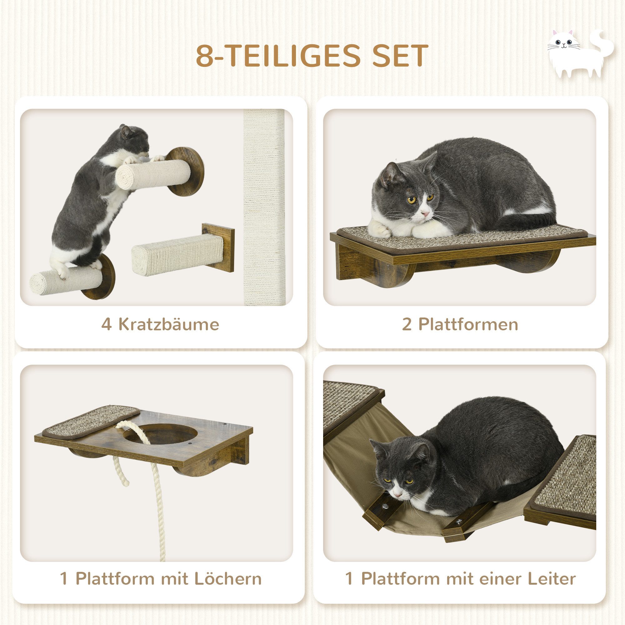 PawHut Katzen-Kletterwand Katzenwandmöbel mit Kratzbäumen, Sitzstangen, Leiter, für Wohnzimmer, Braun+Cremeweiß