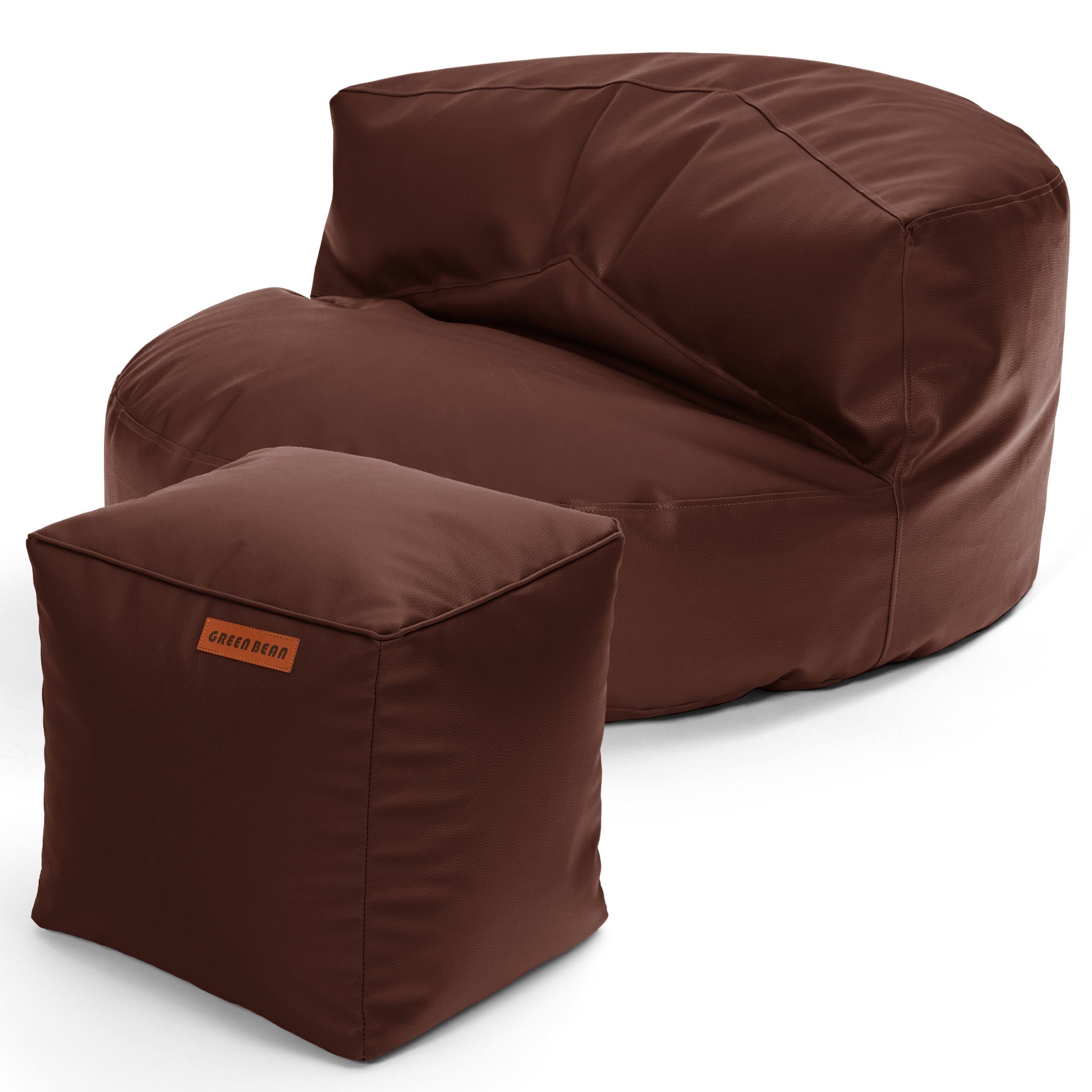 Green Bean Sitzsack Sofa + Pouf Sitzsack als Set aus Kunstleder, EPS Perlen Füllung ca. 90x45cm - Couch XXL Riesensitzsack Lounge Cube Dunkelbraun