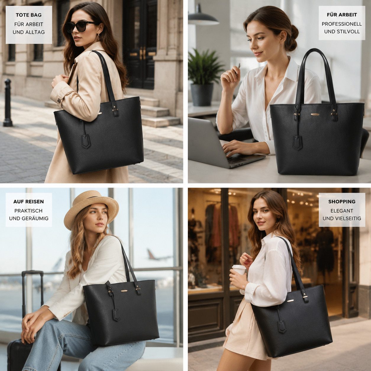 ibettertec Shopper Damen Taschen Set 4tlg Handtasche Shopper Umhängetasche Kartenetui (Elegantes 4-teiliges Taschenset für Damen – vielseitig kombinierbar), geräumig und perfekt für Alltag, Büro und Freizeit