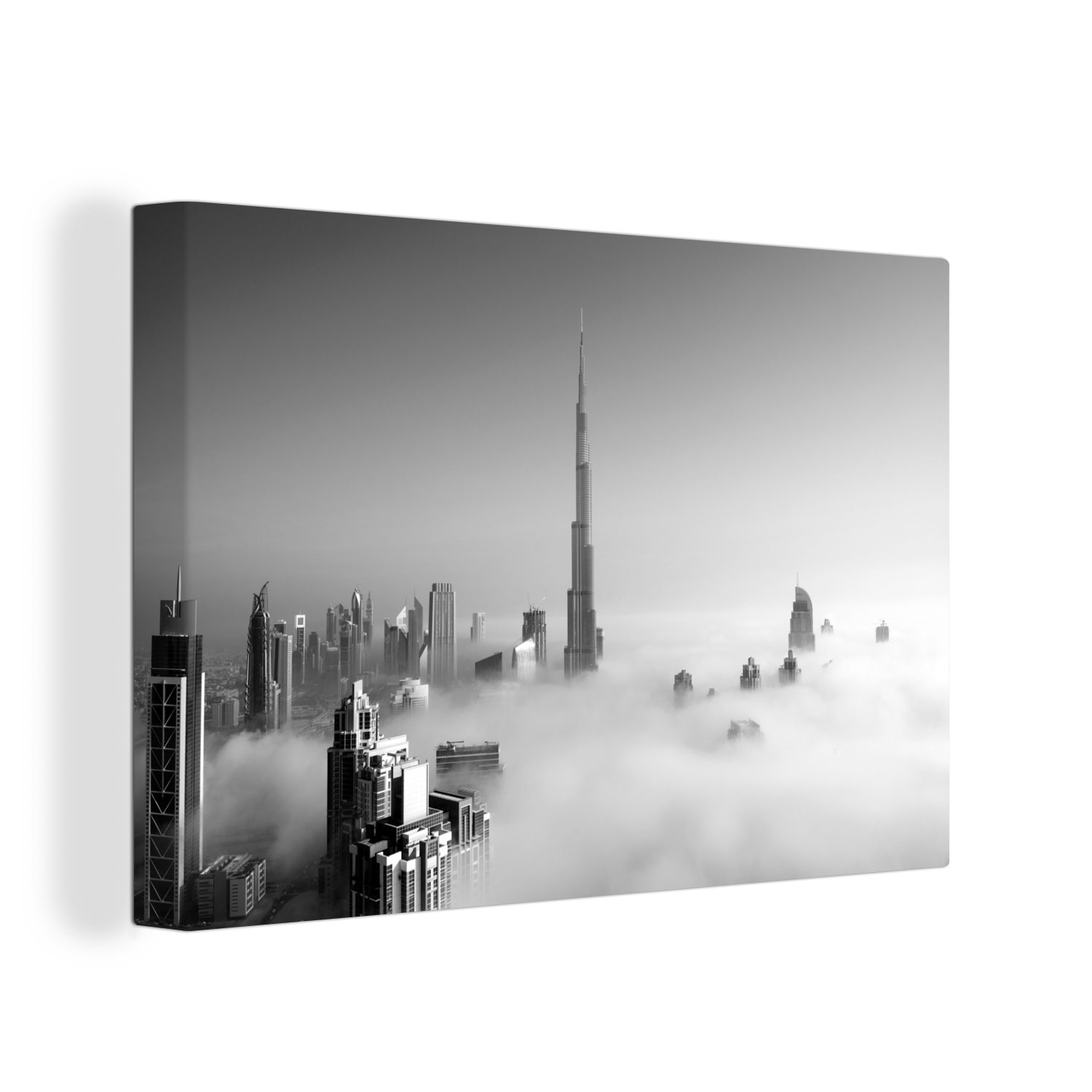 OneMillionCanvasses® Leinwandbild Nebliger Morgen unter dem Burj Khalifa in Dubai - schwarz und weiß, (1 St), Wandbild Leinwandbilder, Aufhängefertig, Wanddeko, 30x20 cm