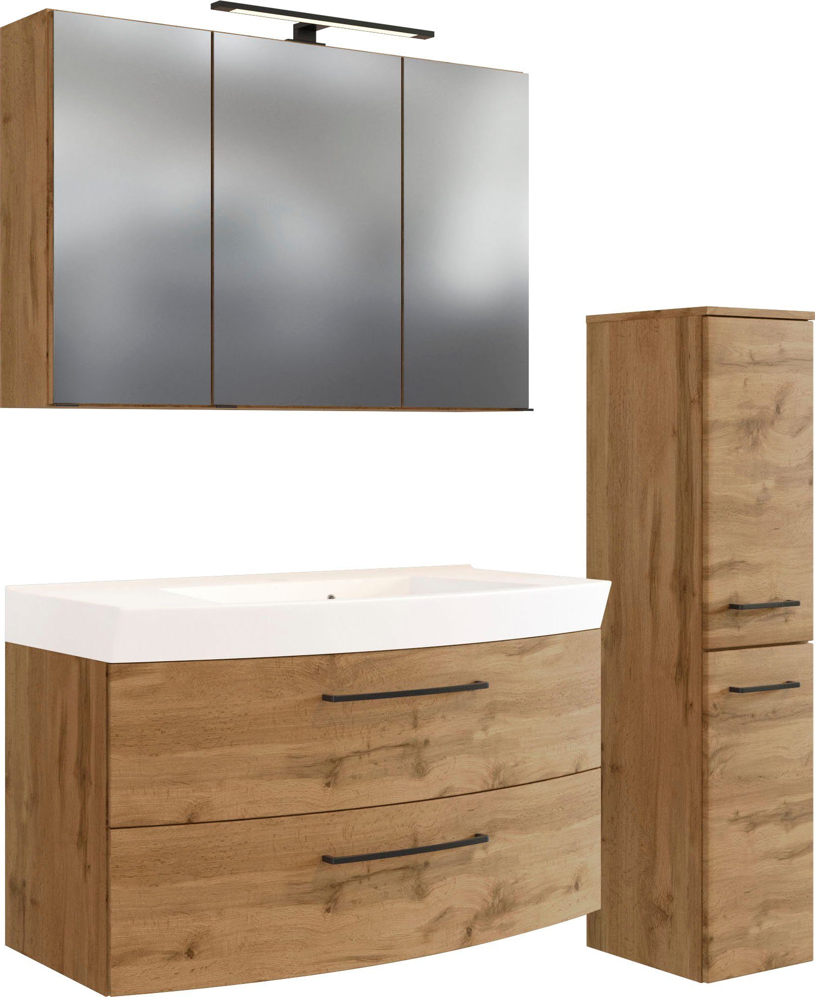 welltime Badmöbel-Set Chicago, (3-St., Spiegelschrank, Waschtisch, Midischrank), mit Mineralgussbecken