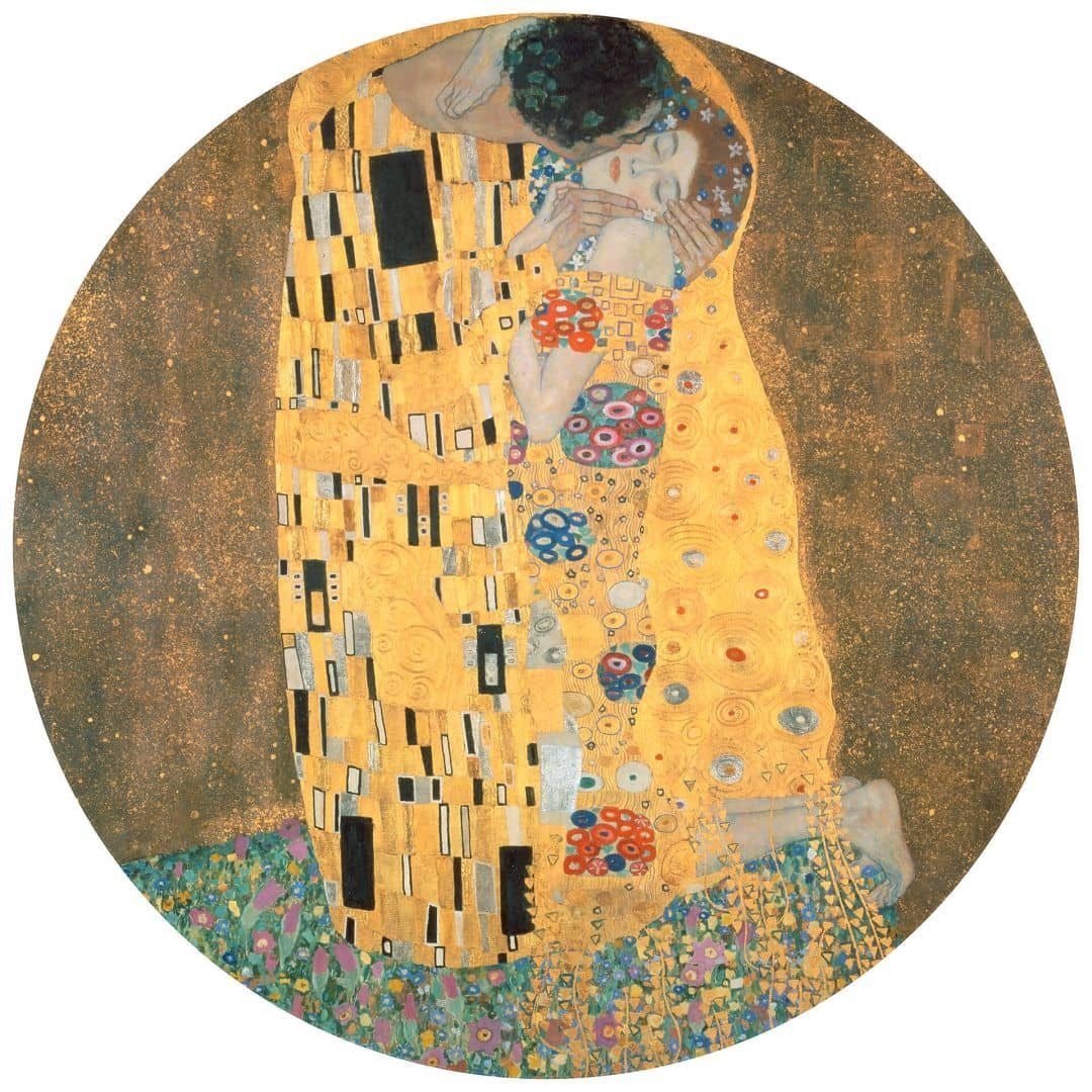 K&L Wall Art Fototapete Gustav Klimt - Der Kuss, Vliestapete, rund, Gold Kunstdruck Deko, Liebespaar Tapete