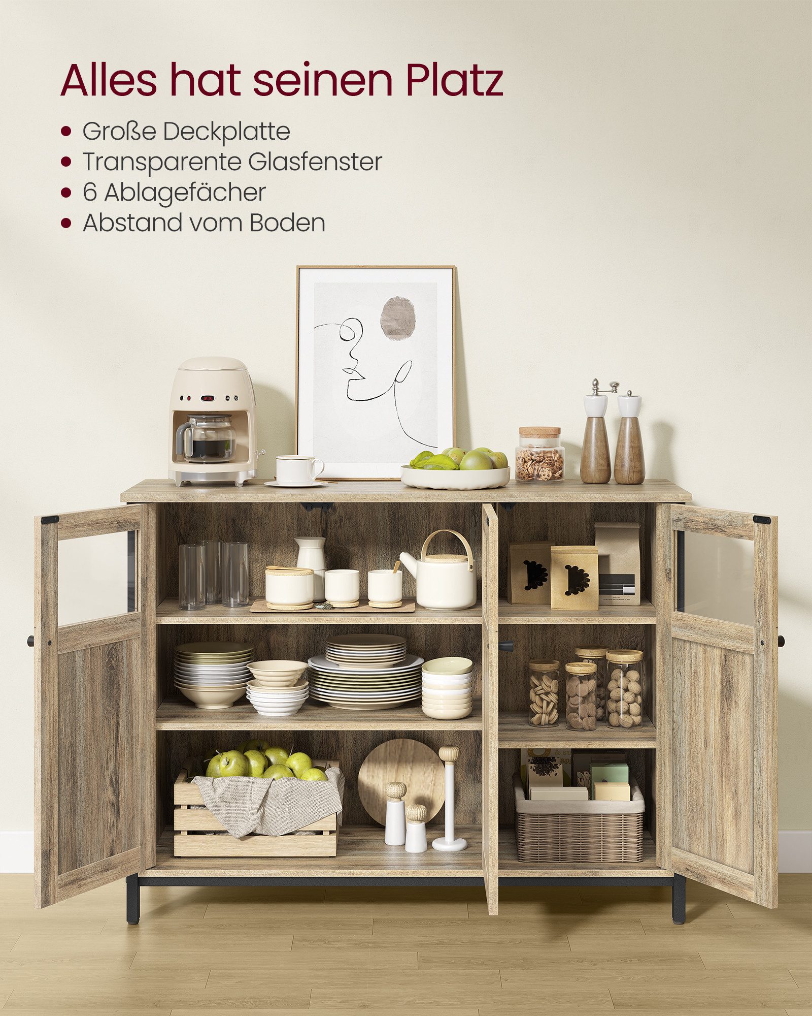 VASAGLE Sideboard Küchenschrank (Aufbewahrungsschrank, Stahlrahmen, Industrie, für Wohnzimmer, Küche, Esszimmer), 100 x 35 x 75 cm, verstellbaren Ablage, mit Glastüren