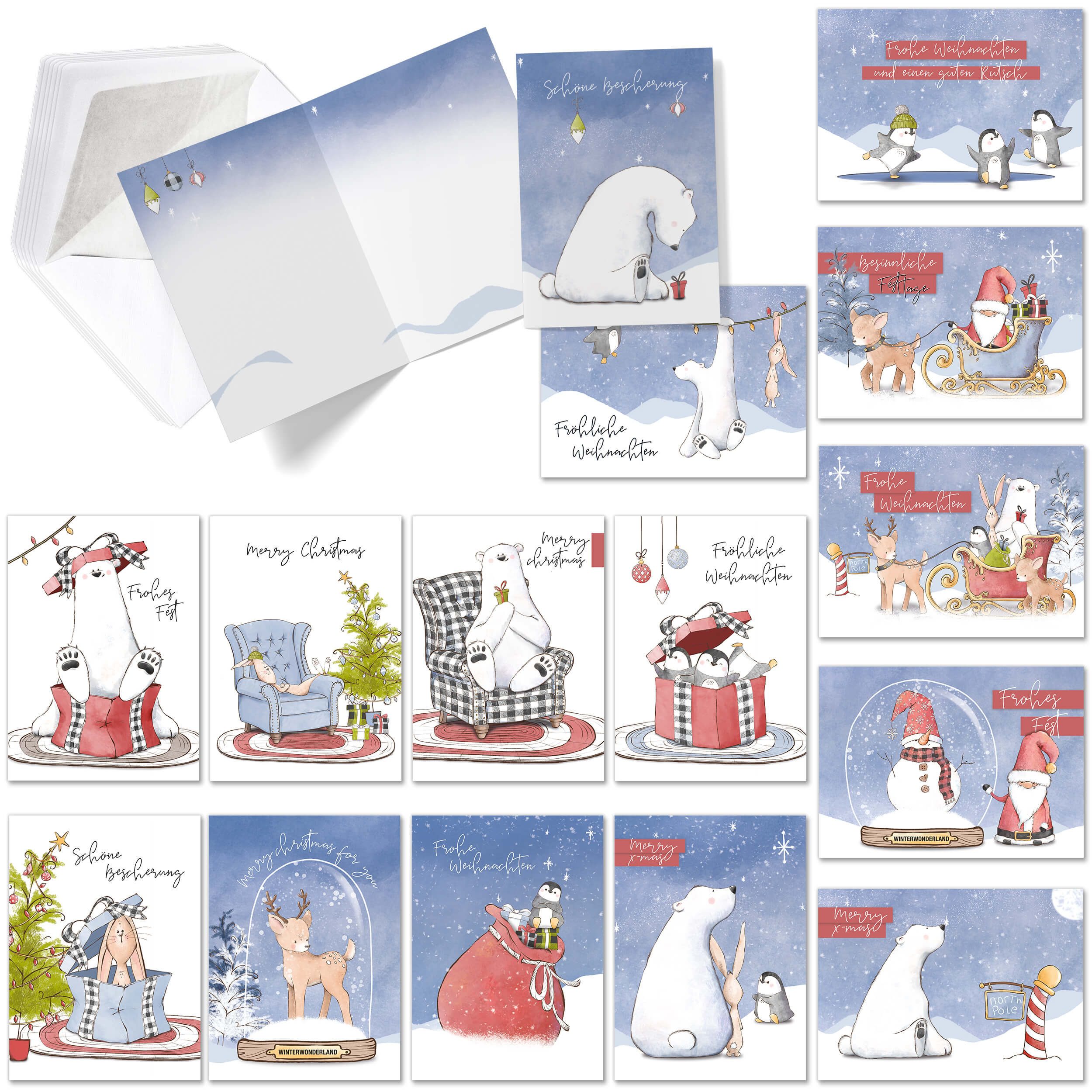 TOBJA Weihnachtskarte Weihnachtskarten mit Umschlag Set - 15 witzig schöne Klappkarten, 15 festliche Weihnachtskarten inkl Umschlag