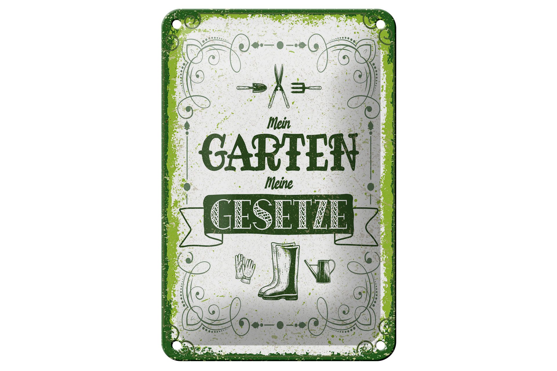 Femer GmbH Metallschild Spruch 12x18 cm Mein Garten meine Gesetze, (1 St), gewölbte Oberfläche, abgerundete Ecken, umgeschlagene Kanten
