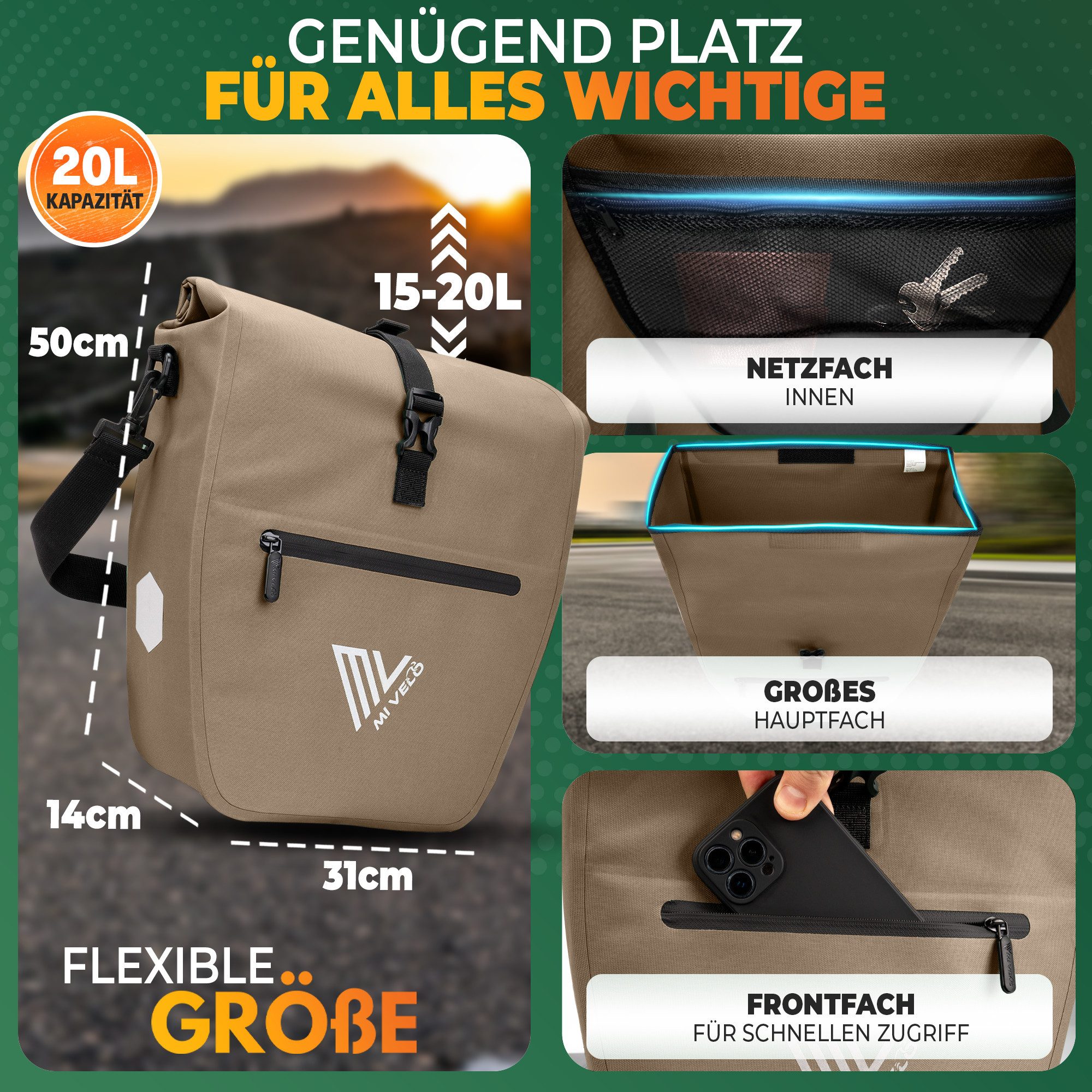 MIVELO Fahrradtasche Gepäckträgertasche wasserdicht inkl. Gurt für Umhängetasche, Zwei Varianten wählbar