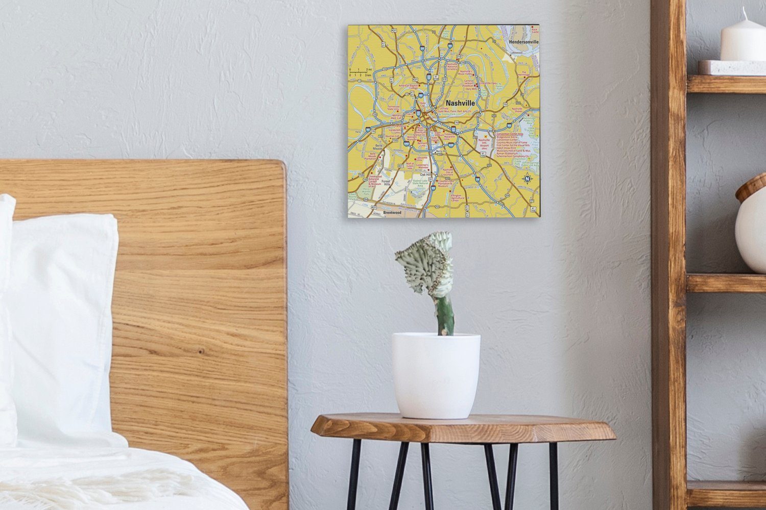 Leinwandbild Illustration Schlafzimmer (1 OneMillionCanvasses® für einer St), Wohnzimmer Leinwand Bilder Nashville, bunten Karte von