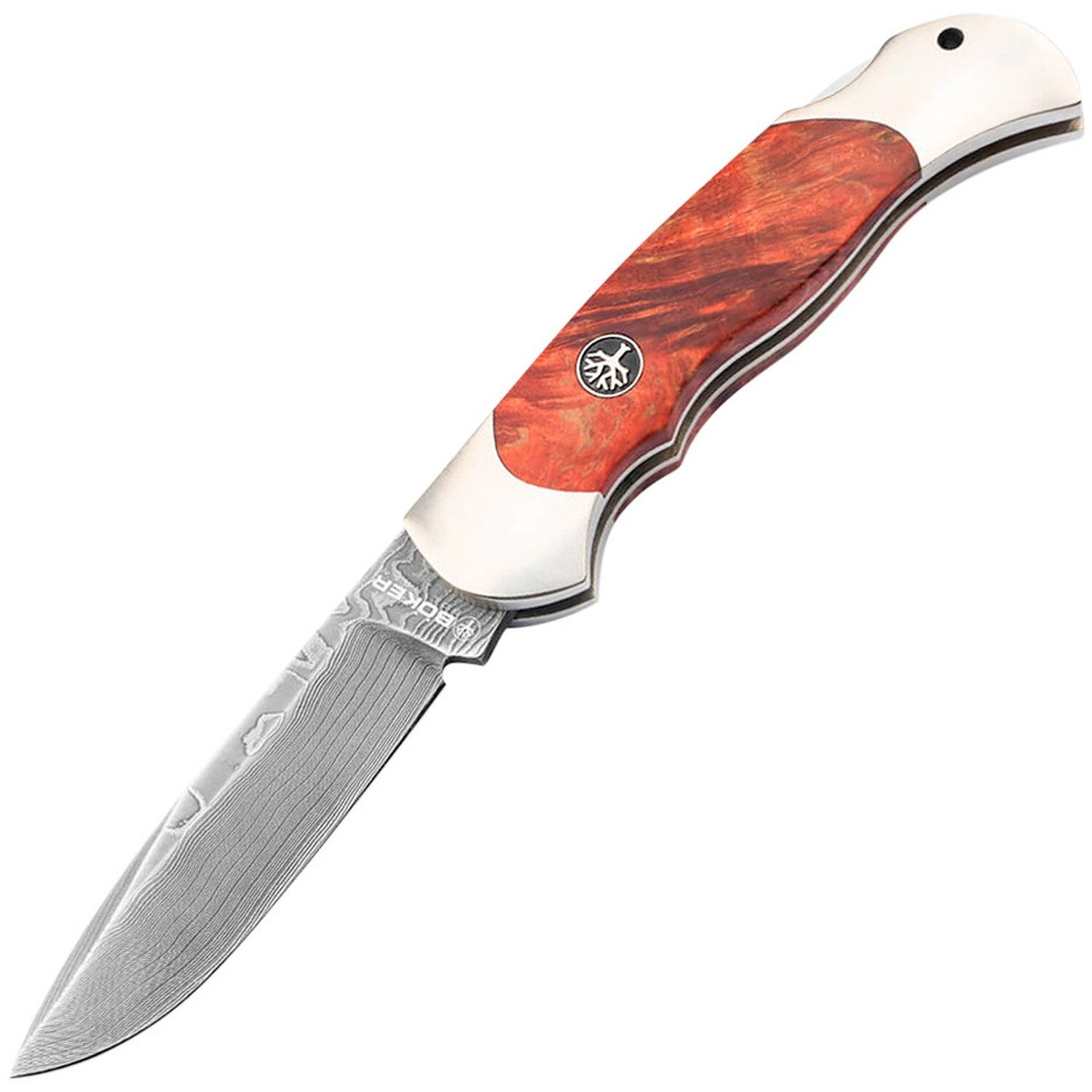 Böker Manufaktur Solingen Taschenmesser Klappmesser Optima Maserbirke Bloody Orange Damast