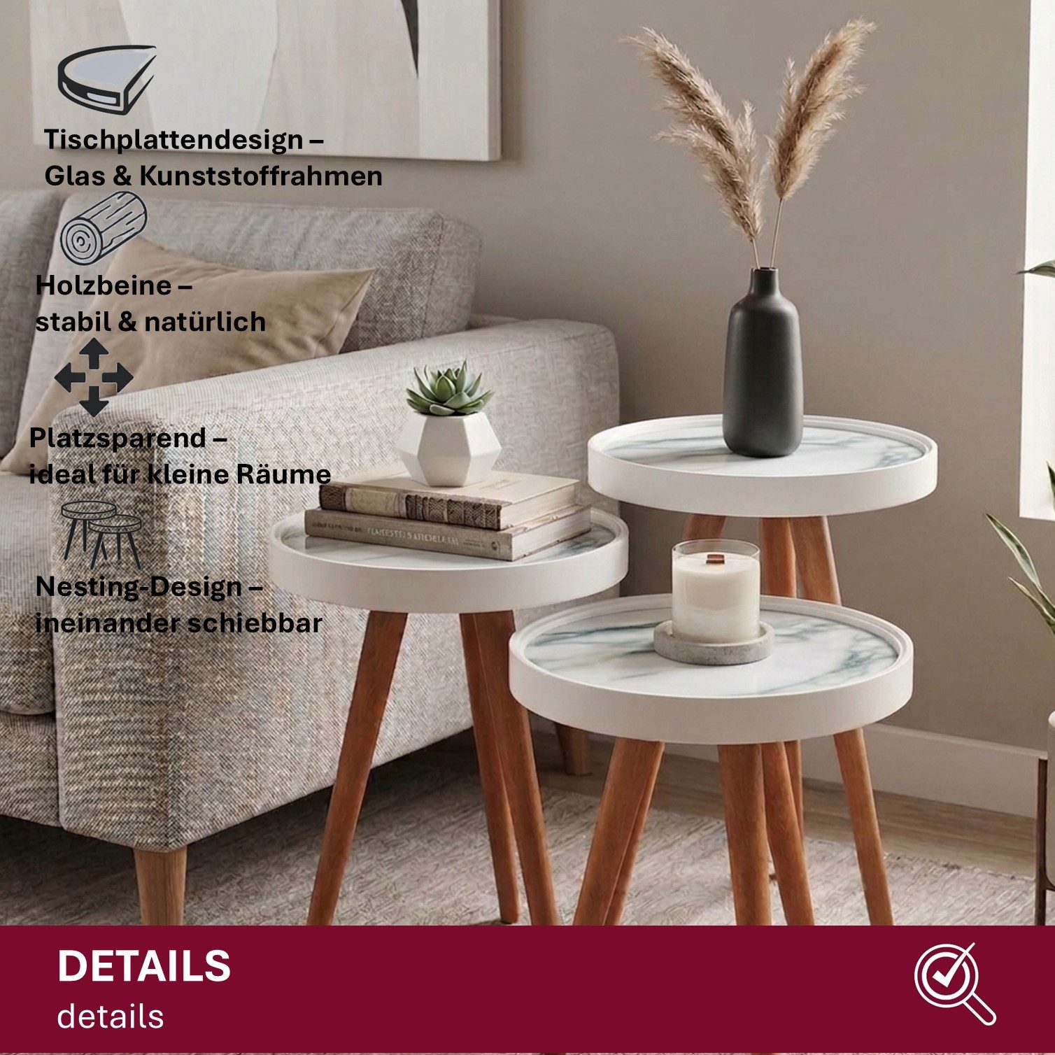 HOOZ Beistelltisch Satztisch 3er Set Beine Holz rund Ø 38 cm; Höhen: 47/ 53/ 59 cm Grau (Set, 3-St., 3× Sofatisch), Platzsparendes 3er Couchtisch Set – flexibel ineinander schiebbar