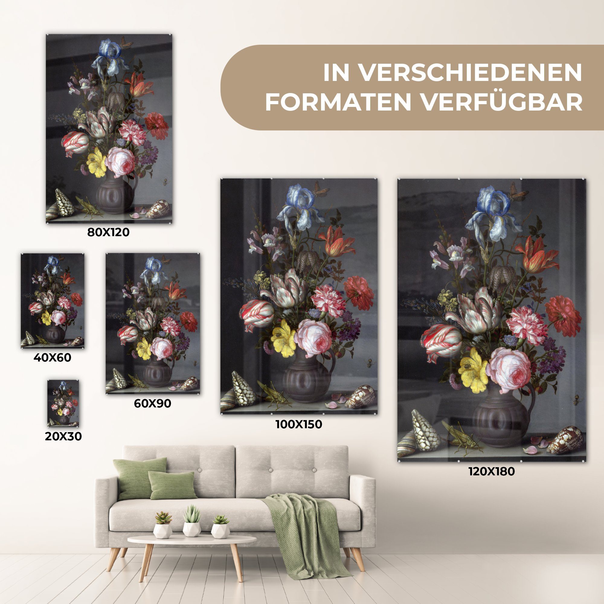 Acrylglasbild - auf in Balthasar mit Ast, Glas (1 auf MuchoWow van Glas der - Bilder Glasbilder Wanddekoration - bunt Foto Wandbild Insekten Blumen Muscheln - und einer Vase St),