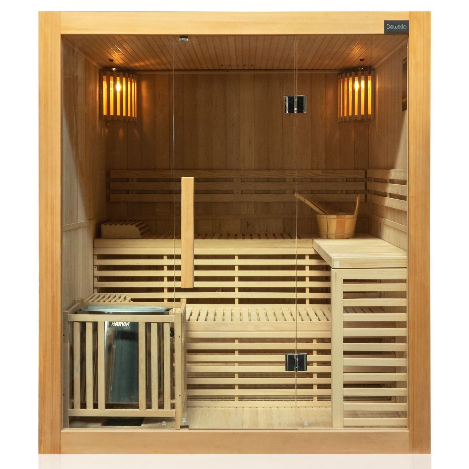 Dewello Sauna SARNIA 180 Finnische Sauna, bis zu 4 Personen, Saunaofen, Harvia 6KW, Sauna aus Hemlock-Tannenholz, leichter Aufbau dank Stecksystem