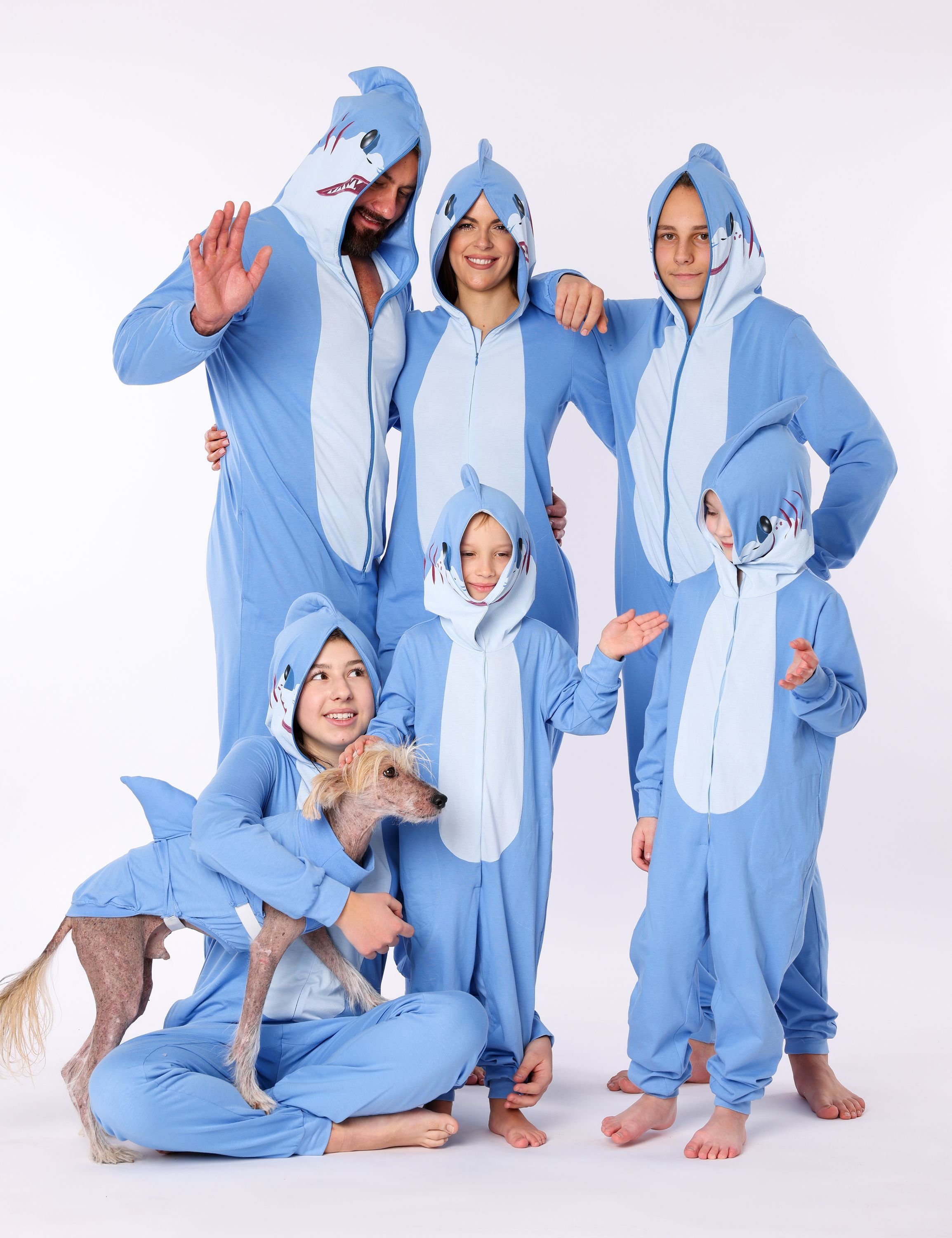 mit aus LA40-240 Jungen Tierkostüm ohne Kapuze Schlafoverall Hai Blau Schlafanzug Baumwolle Ladeheid