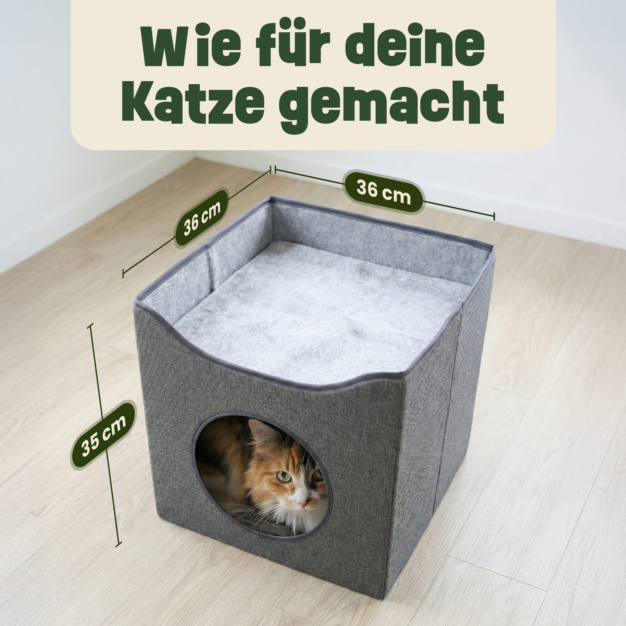 Zooprinz Katzenhaus Katzenhöhle Leo mit Wendekissen, faltbar, 3mm MDF, 36 × 36 × 35 cm, Anti-Rutsch-Boden, Leinenstoff, Grau