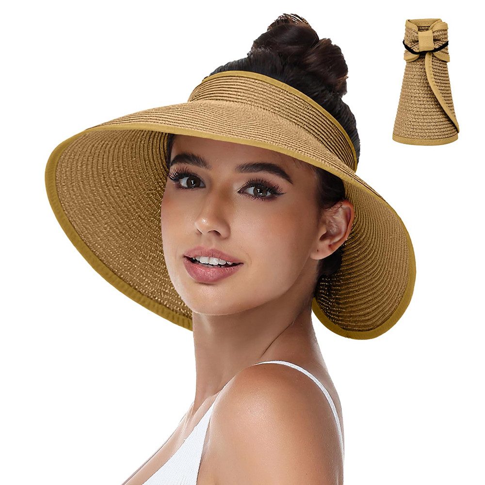 Zaewry Sonnenhut Sonnenhüte mit breiter Krempe, Sonnenhut für Damen,Faltbar rollbar für Outdoor-Abenteuer, Wandern,Pferdeschwanz-Öffnung,Strandhut