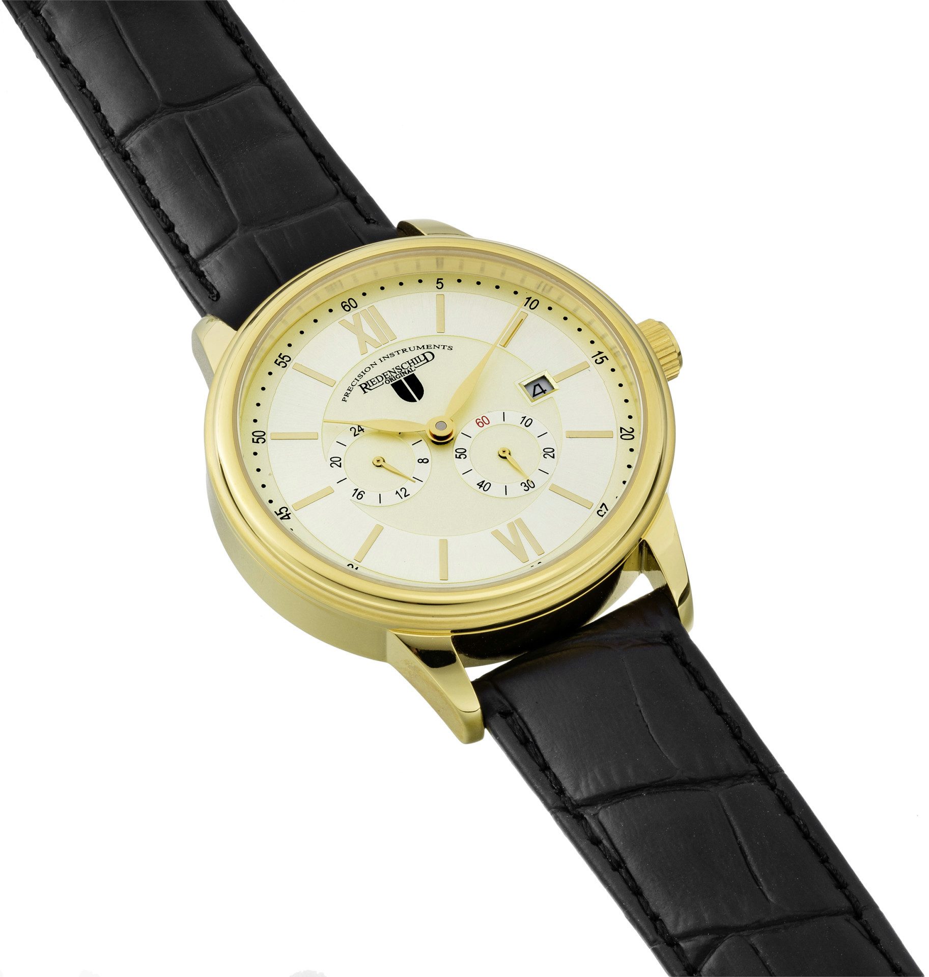 Riedenschild Automatikuhr RS7606-03, 42 mm – Vergoldete Herrenuhr mit braunem Lederband, Klassisch-elegante Automatikuhr mit Sichtboden