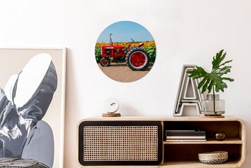 MuchoWow Gemälde Traktor - Rot - Sonnenblume - Bauernhof - Blumen, (1 St), Kreis Wanddekoration Forex, Rundes Wandbild, Wohnzimmer, 30x30 cm