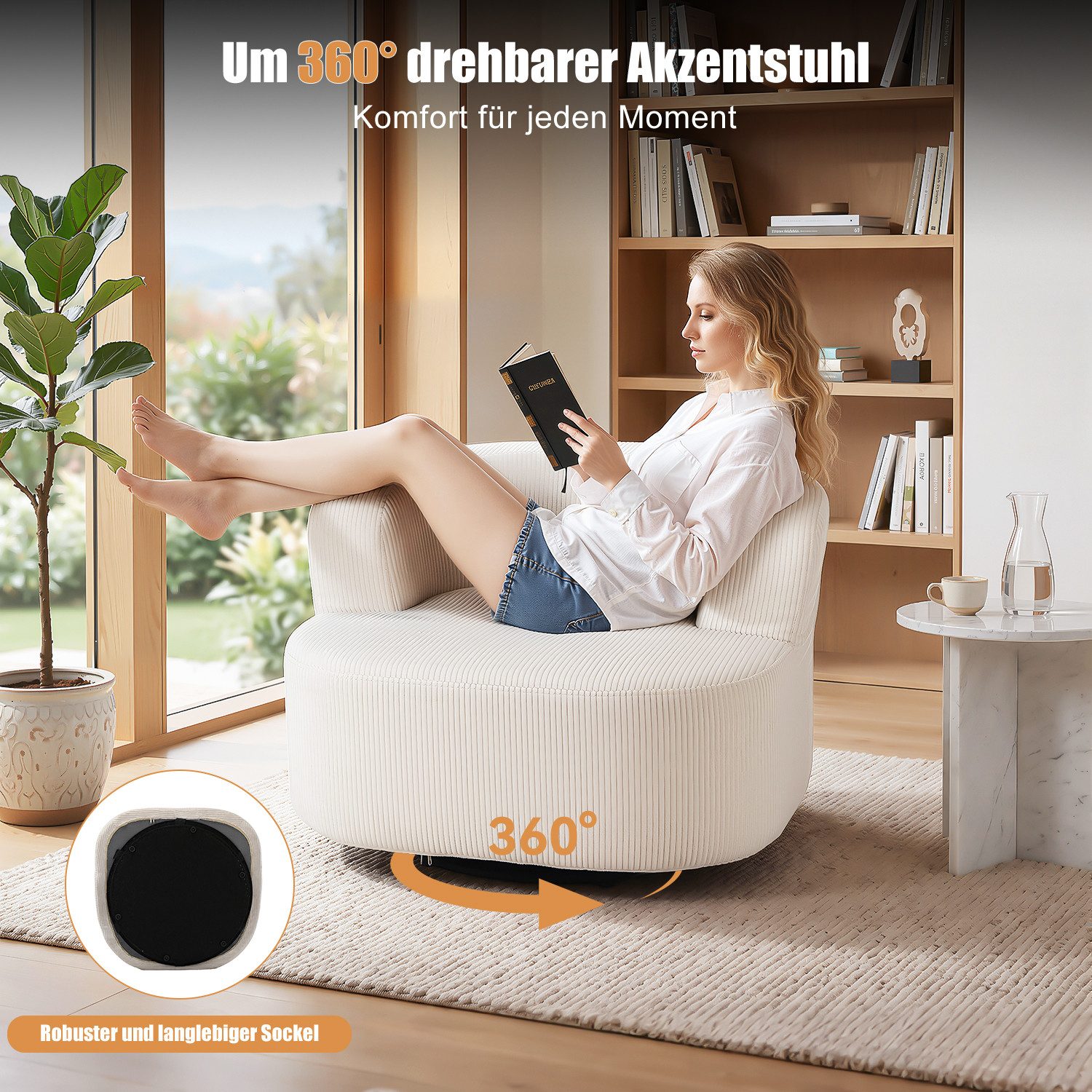 oyajia Drehsessel 360° Bequemer Drehstuhl mit Armlehne, vakuumiert (Ergonomischer drehsessel aus Cordstoff,mit 1 großen Kissen, 86x86x60 cm für Erwachsene und K – Bild 2 von 5
