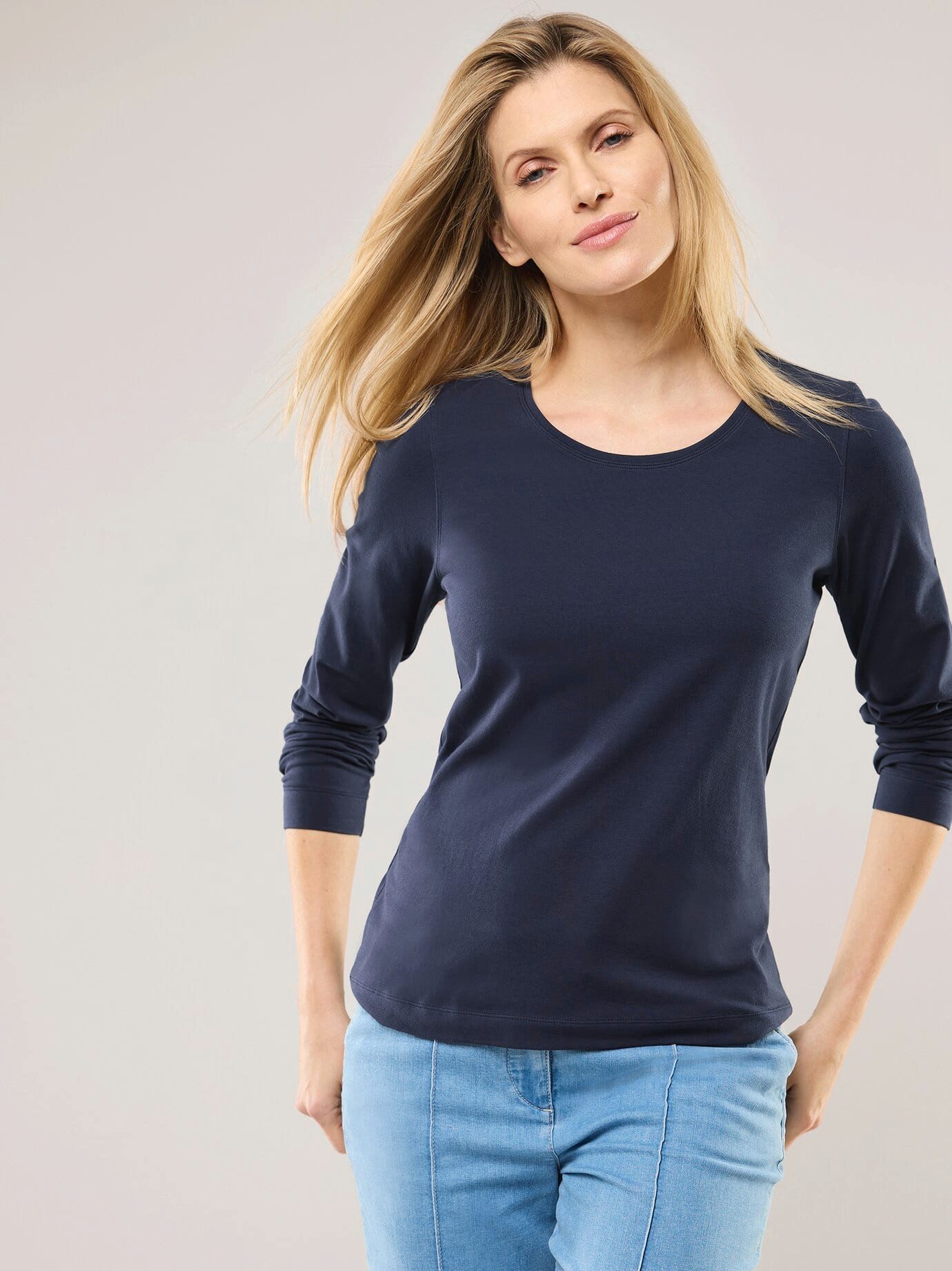 Walbusch Langarmshirt Damen Baumwoll-Basic-Shirt Langarm Rundhals Pflegeleichtes Shirt aus elastischem Baumwollmix, komfortabler Sitz