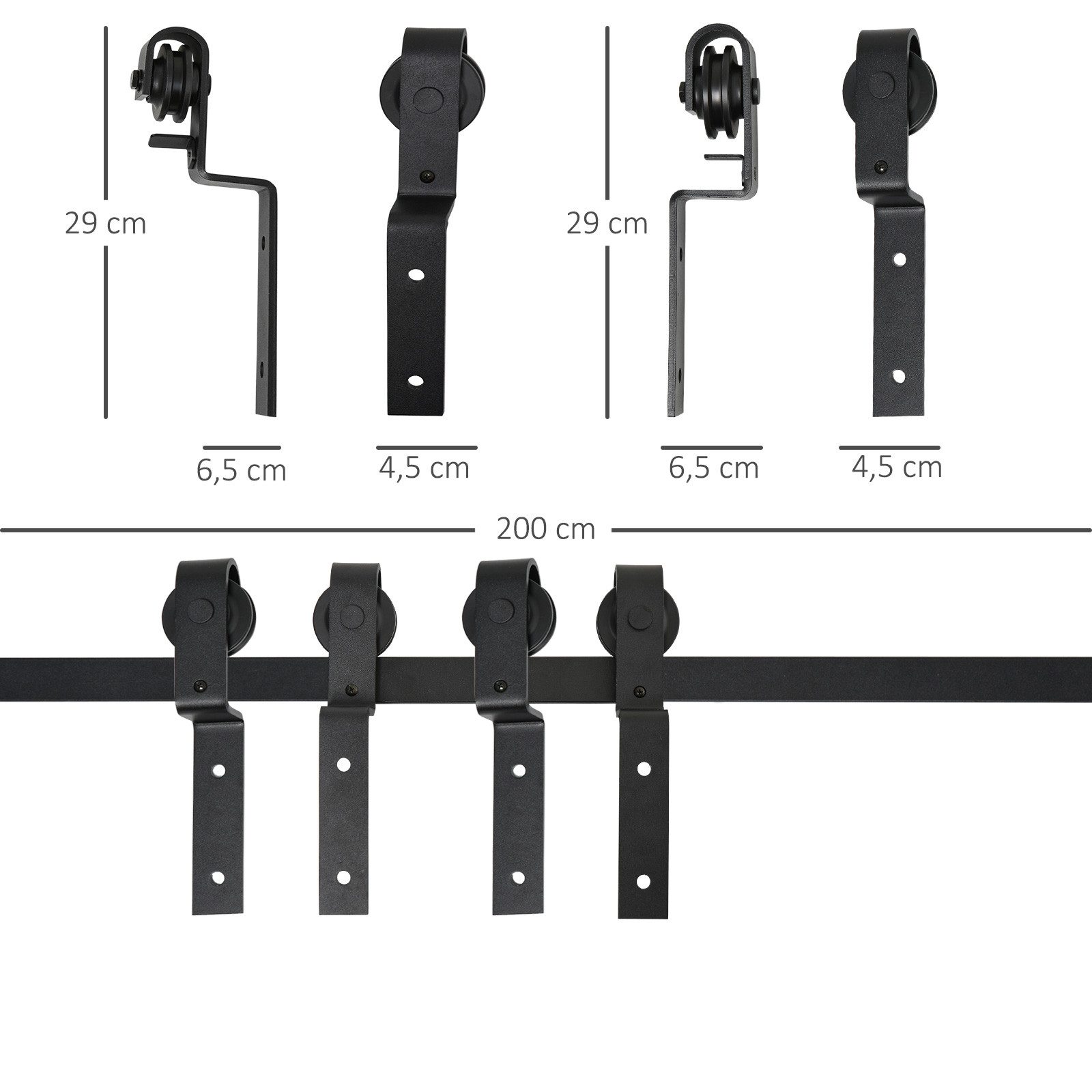 HOMCOM Türbeschlag Schiebetür Komplettset Schiebetürsystem 200 cm (Laufschiene, 1 St., Schiebetürbeschlag), für Holzschiebetür 9 Zubehör Schwarz – Bild 3 von 5