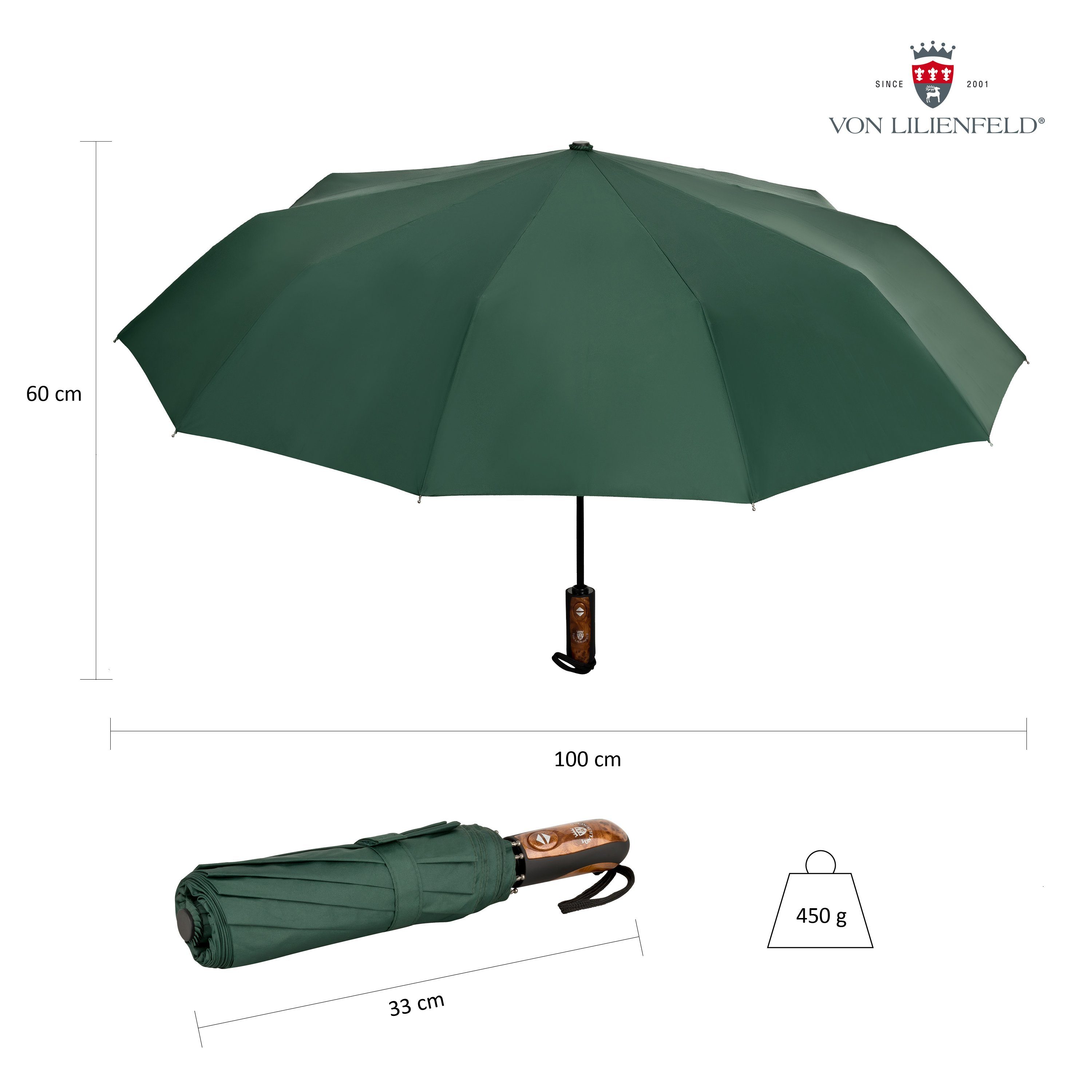 mit Lilienfeld schnelltrocknend Auf-Zu-Automatik Taschenregenschirm Schirm von Clark wasserabweisend, Teflonbeschichtung, extrem Reise-Etu dunkelgrün