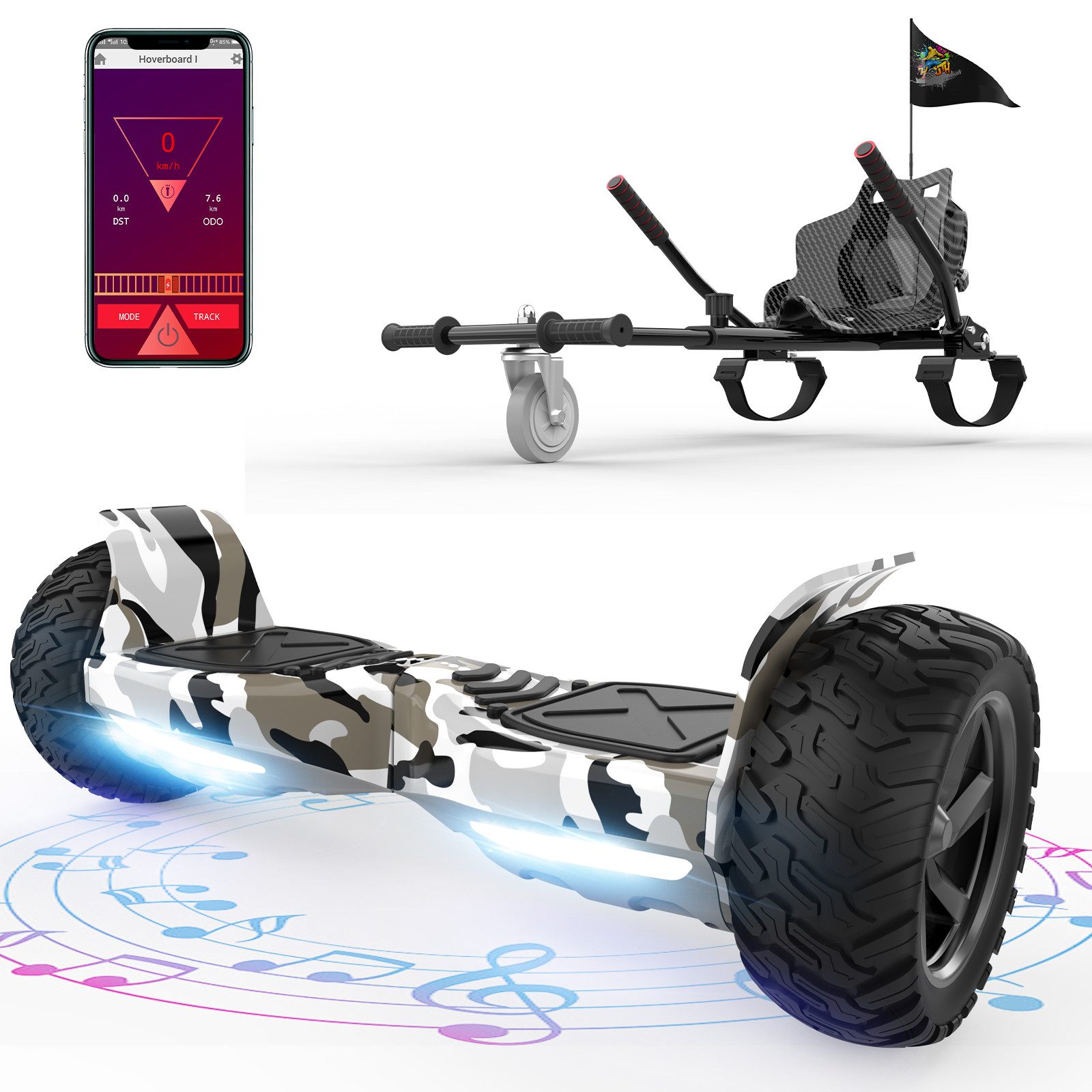 Balance Scooter Kart Set, 8,5'' Off-Road SUV Hoverboard mit Sitz, Go-Kart, APP, Bluetooth