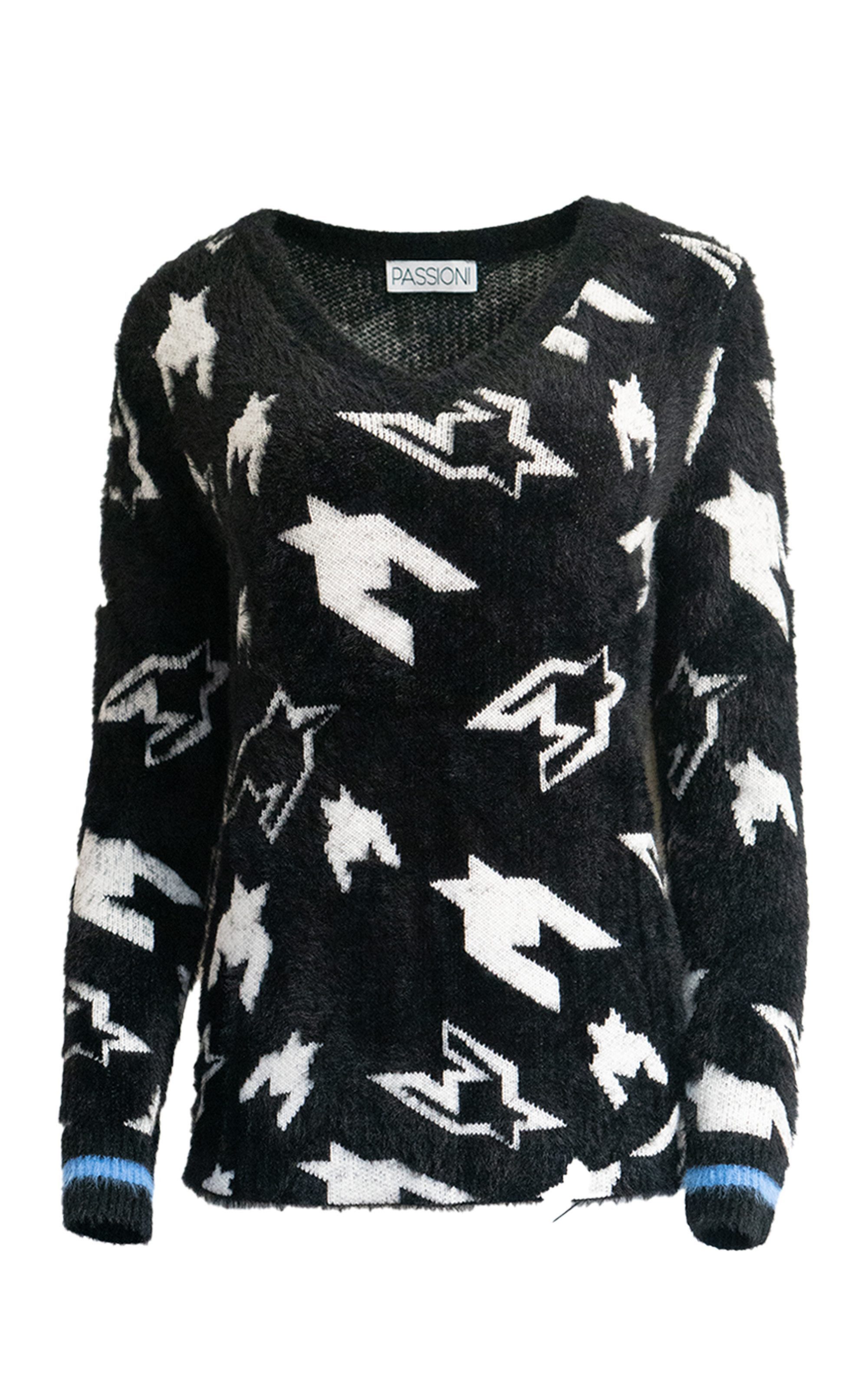 Passioni Strickpullover mit V-Ausschnitt und Hahnentrittmuster mit seitlichen Nieten und blauen Streifendetails