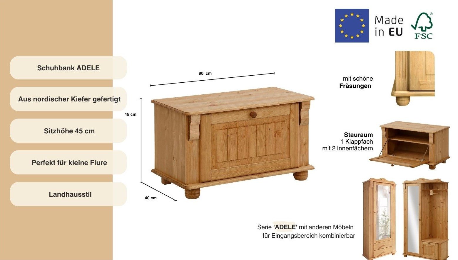 OTTO home Schuhbank Adele, Breite 80 cm, Sitzhöhe 45 cm, aus massiver Kiefer, FSC®
