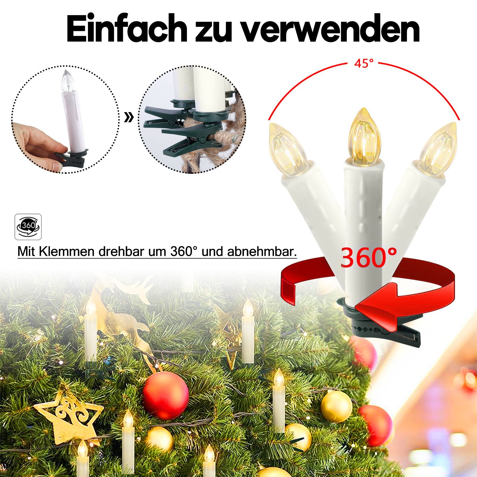 FIVMEN LED-Kerze Weihnachtskerzen mit Haken Kabellos Dimmbar Kerzen mit Fernbedienung, mit Timing-Funktion für Weihnachtsdeko, Weihnachtsbaum – Bild 4 von 5