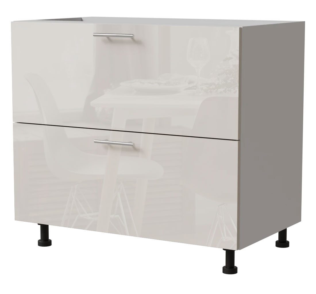 Feldmann-Wohnen Unterschrank Brerra (D2M/90, 2 Schubladen, Blum Metabox Teilauszug, 1-St., moderne Optik, lackierte Fronten, 90x50x82cm) weiß / RAL 9001 creme Hochglanz
