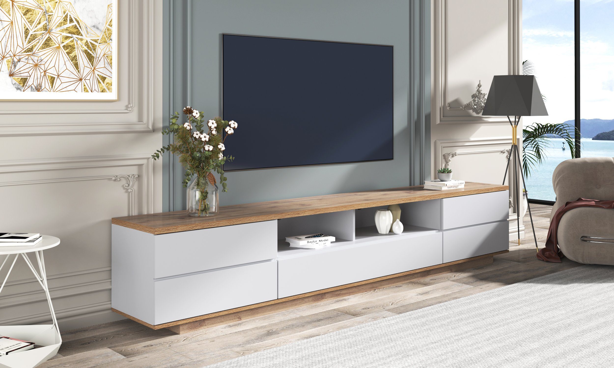 WISHDOR TV-Schrank Fernsehschrank TV-Lowboard Hochglanz-Oberfläche TV-Schrank Sideboard mit Holzmaserung