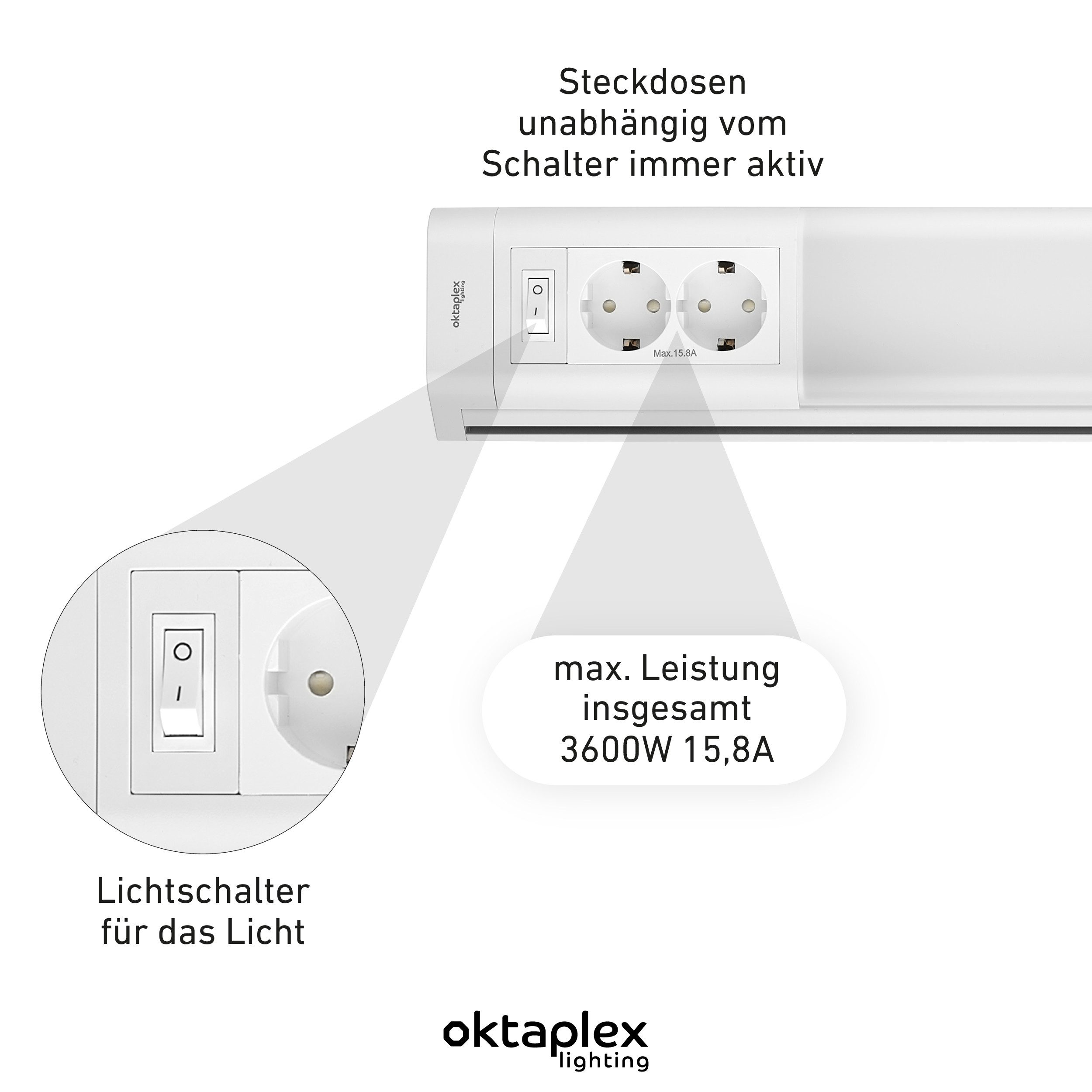 Oktaplex lighting LED Unterbauleuchte Talin 50cm Leuchte mit Steckdose 1085lm 9,7W, LED, warmweiß, 3000K Unterschrankleuchte mit Schalter und Hacken