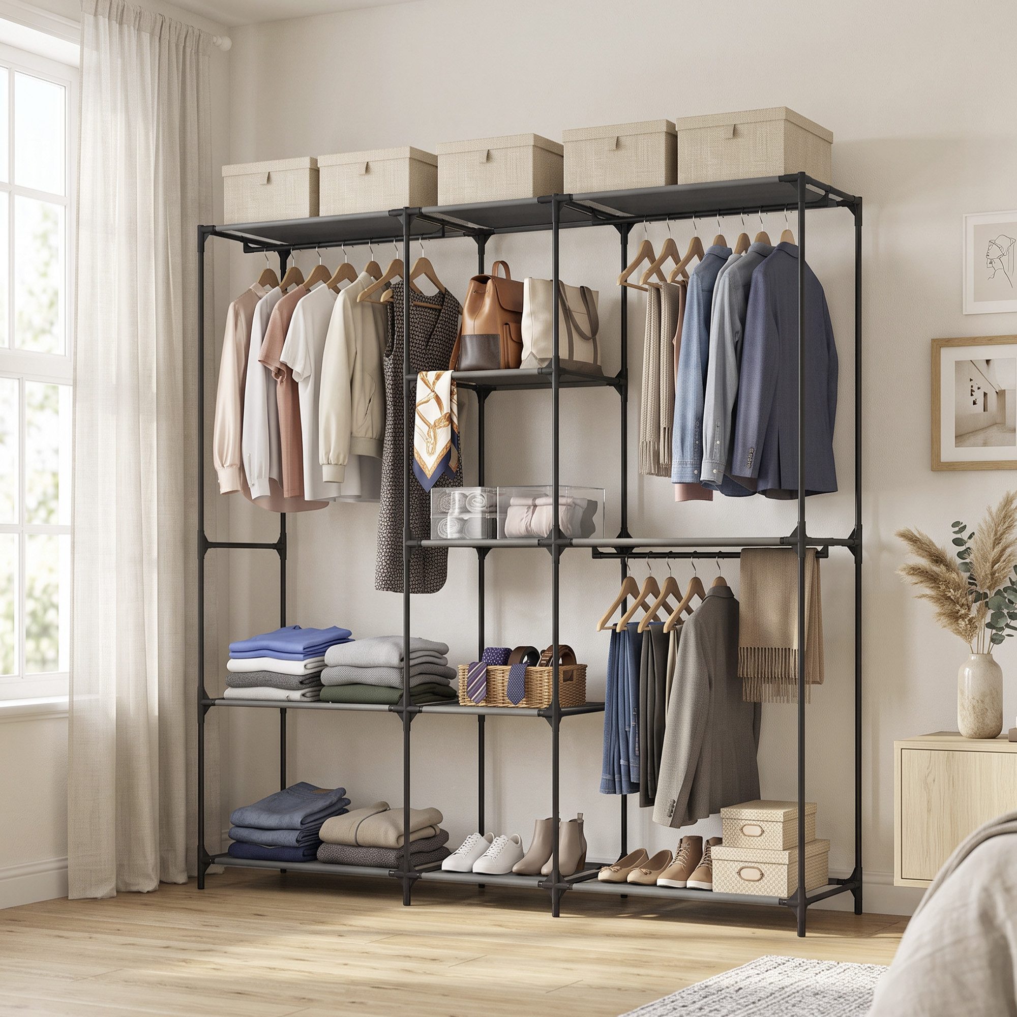 HOMCOM Stoffschrank Kleiderschrank für Schlafzimmer (Set, 1-St., 1er Set) Werkzeuglose Montage, 3 Stangen, 5 Ablagen
