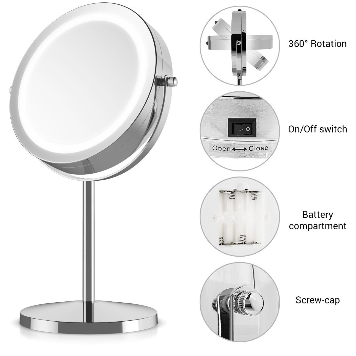 Navaris LED-Lichtspiegel LED Kosmetikspiegel - Vergrößerung Make-up Standspiegel 5x