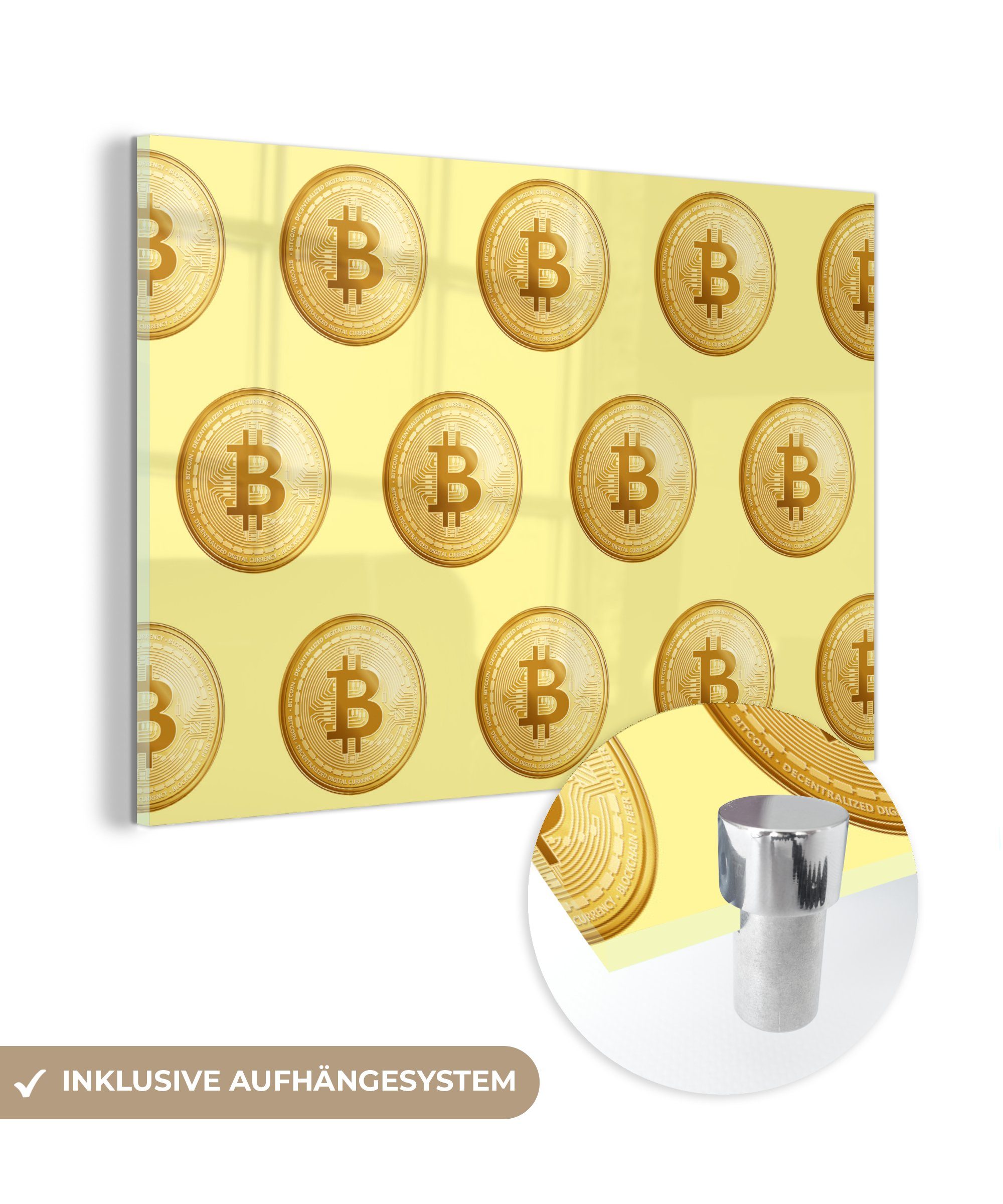 MuchoWow Acrylglasbild Bitcoin - Gold - Muster - Gelb, (1 St), Glasbilder - Bilder auf Glas Wandbild - Foto auf Glas - Wanddekoration