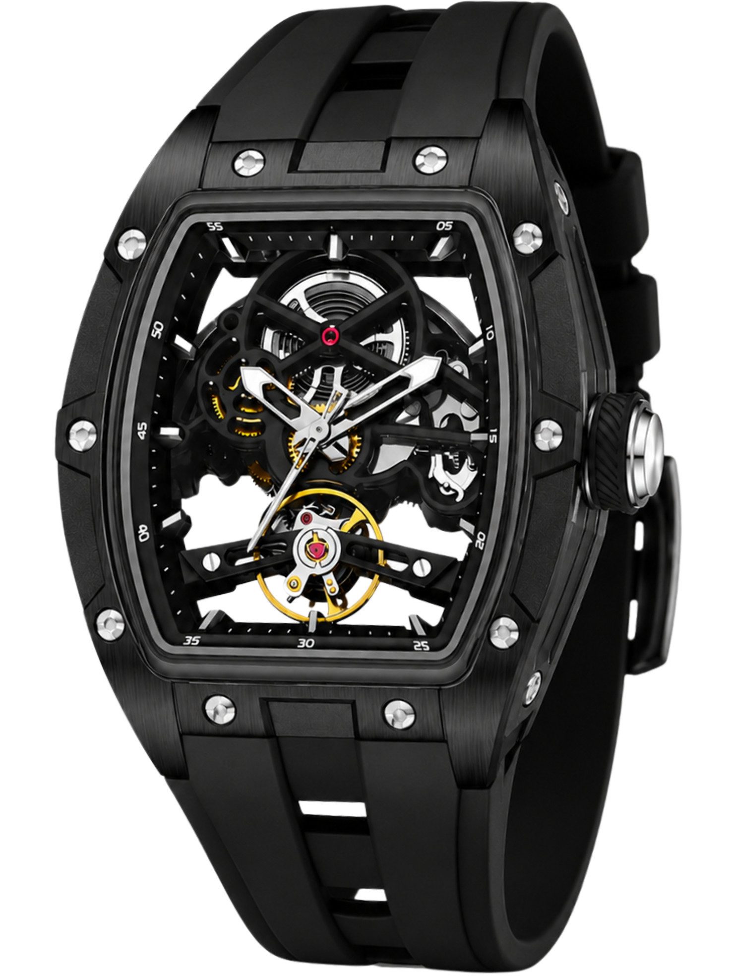 S&T Design Automatikuhr Armbanduhr Herren Uhr Edelstahl Silikon Skelett Skelleton, (inkl. Geschenkbox, Schnalle), Mechanisch 50M Wasserdicht Rechteckig
