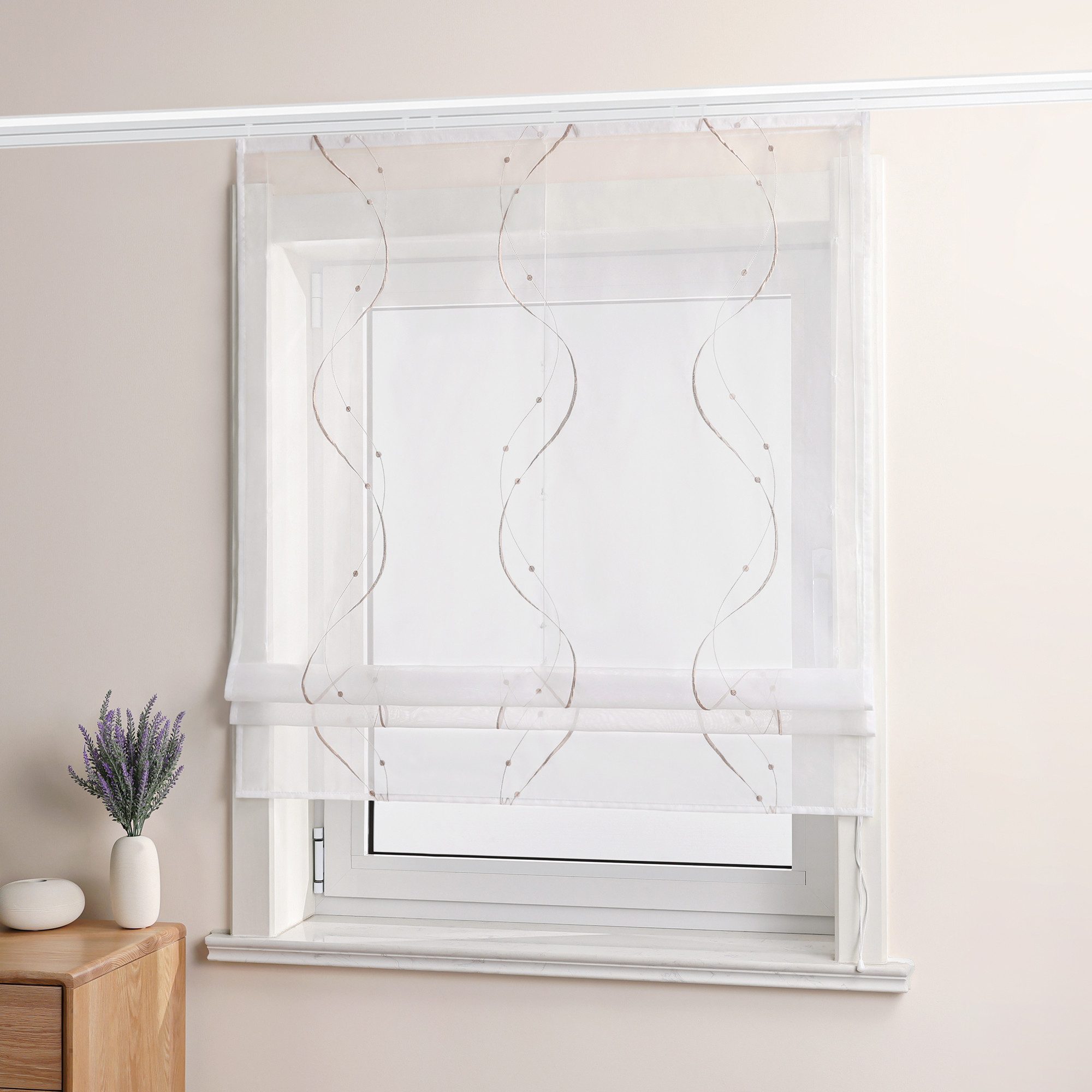 Joyswahl Raffrollo, mit Klettband, Küche Bändchenrollo Voile Weiß, Bestickt günstig online kaufen