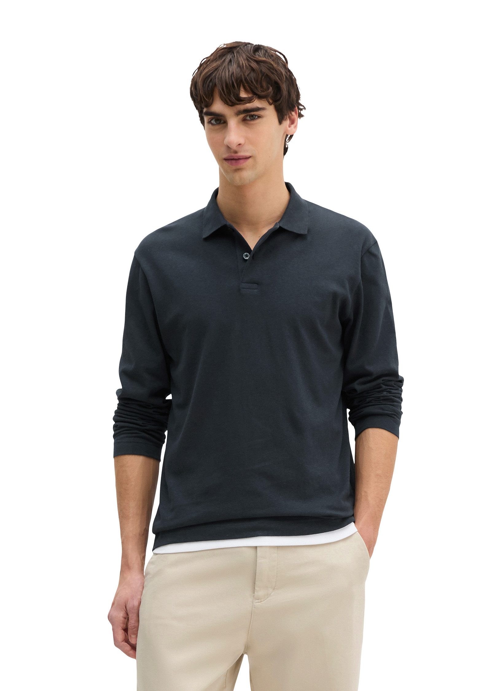 Marc O'Polo Langarm-Poloshirt aus Baumwoll-Leinen-Mix