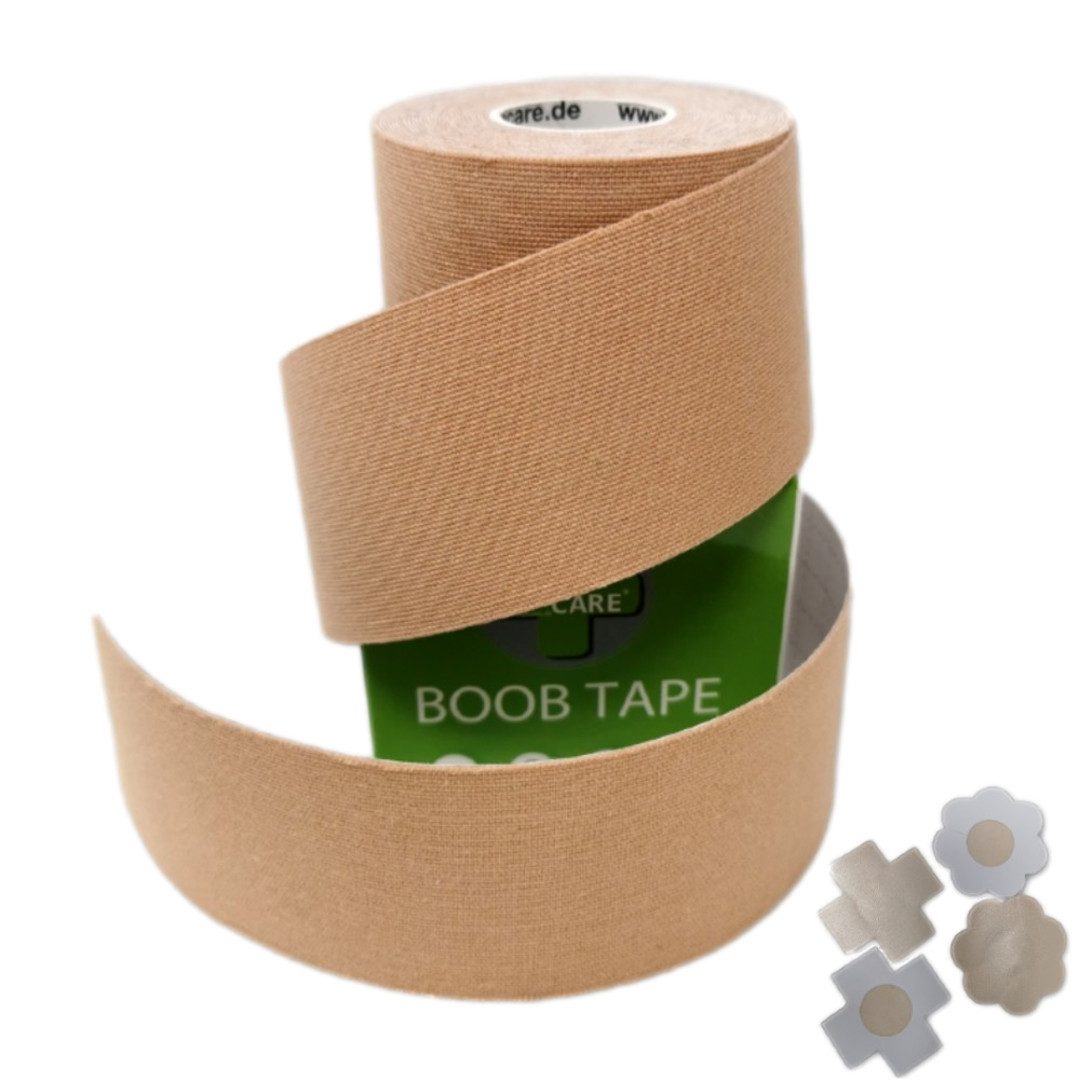 LisaCare Set: Klebe-BH Boob Tape - Brust Tape - Unsichtbarer BH - Push-Up (Spar-Set, 1x Rolle 5cmx5m + 2x Brustcover Blume & X) Für ALLE Brustgrößen!