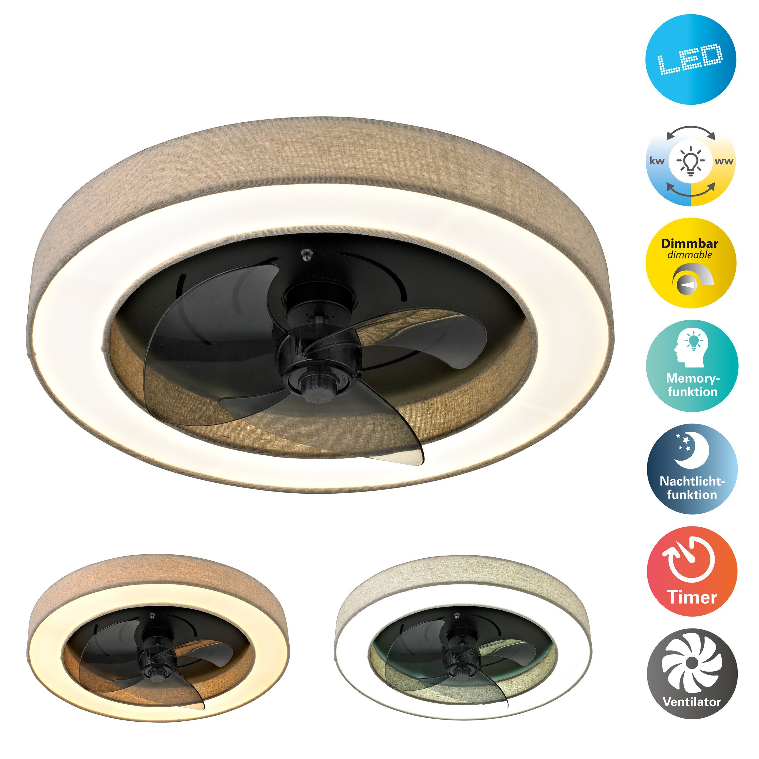 OTTO home LED Deckenleuchte Deckenventilator Vittor, CCT - über Fernbedienung, Dimmfunktion, Memoryfunktion, Nachtlichtfunktion, Ventilatorfunktion, mehrere Helligkeitsstufen, LED wechselbar, warmweiß - kaltweiß, inkl. Ventilator, dimmbar, CCT, Memory, Nachtlicht, Timer, IR-Fernbed.