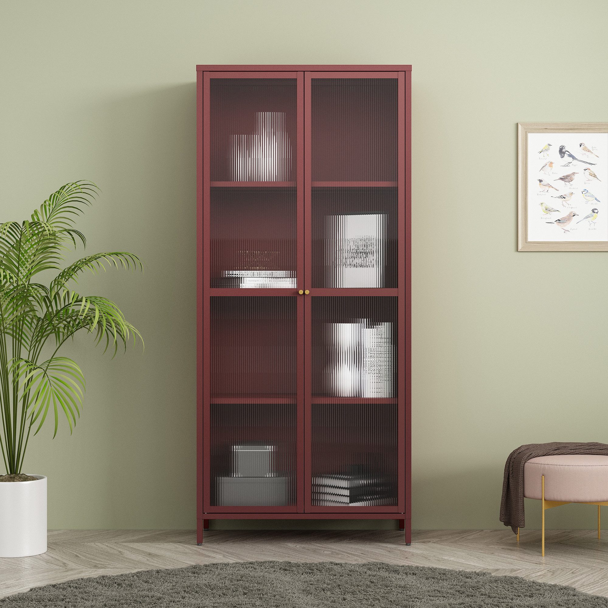 en.casa Vitrine »Säkylä« mit 2 Türen Stahl 180 x 80 x 35 cm Bordeauxrot